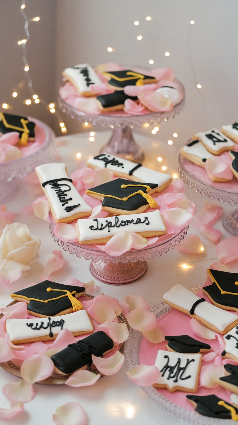 A table with custom diploma cookies decorated with icing, surrounded by rose petals and fairy lights.