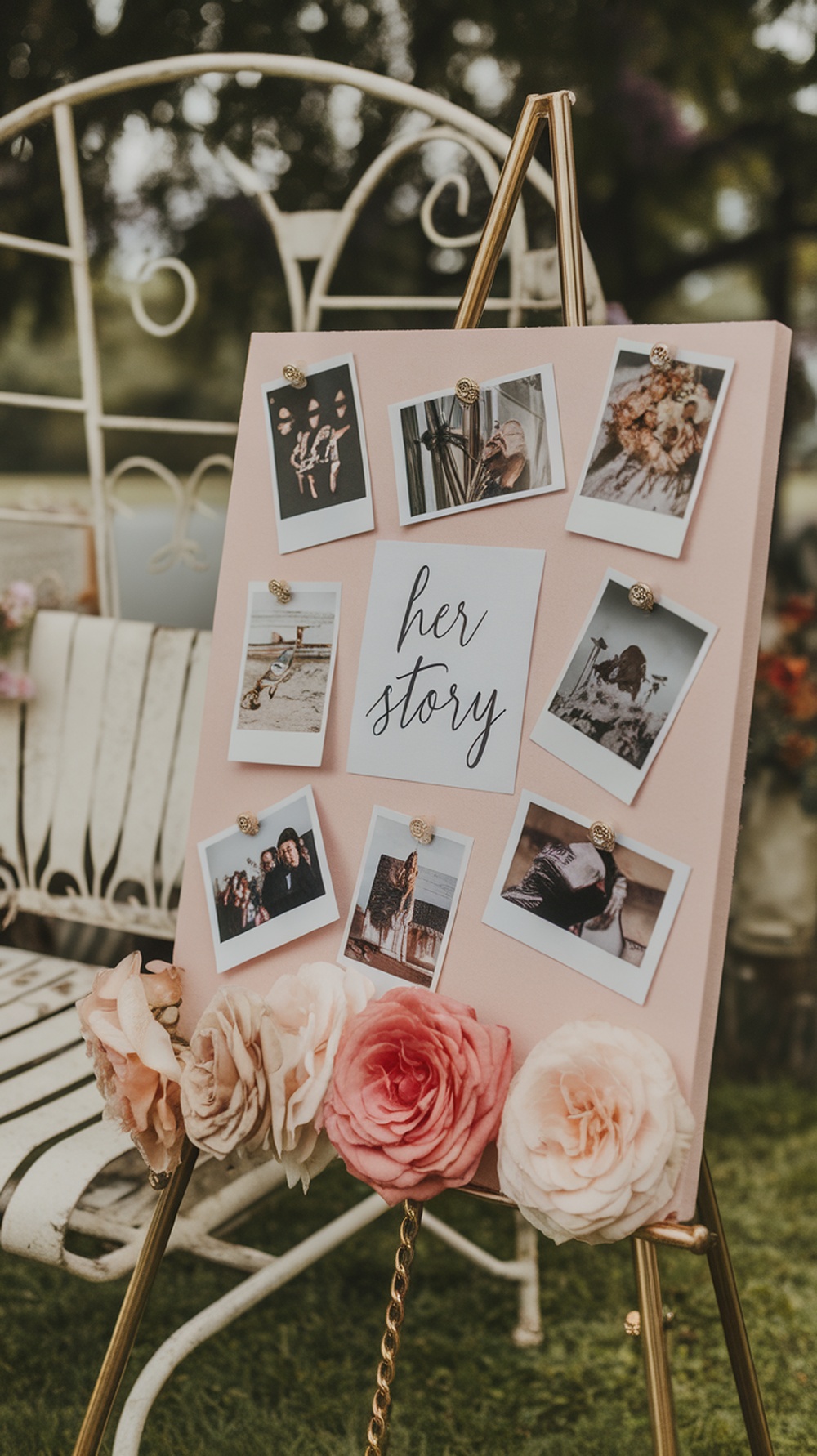 A photo memory board on an easel with various pictures and flowers, celebrating a graduation.