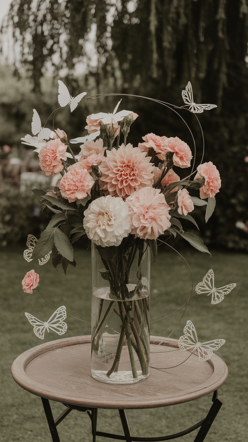 A floral centerpiece with pink flowers and butterflies in a clear vase on a wooden table.