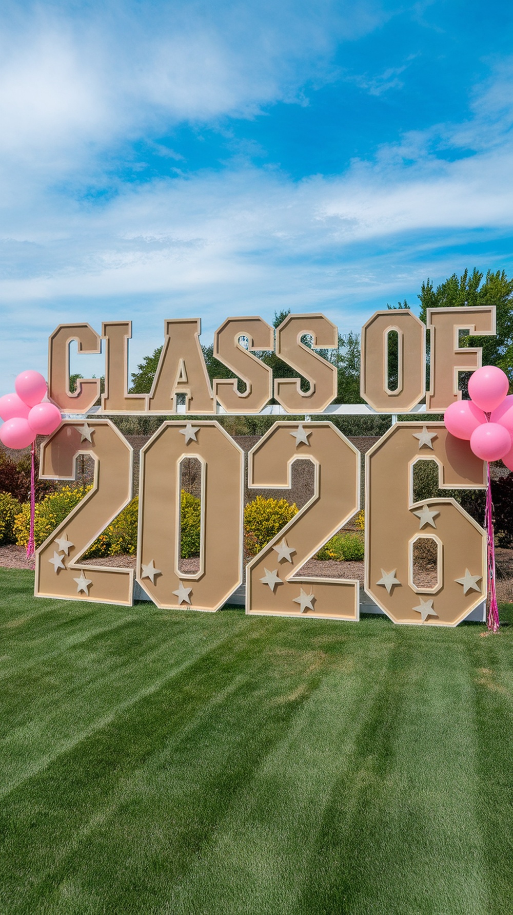 Large yard sign displaying 'CLASS OF 2026' with pink balloons in a grassy area.