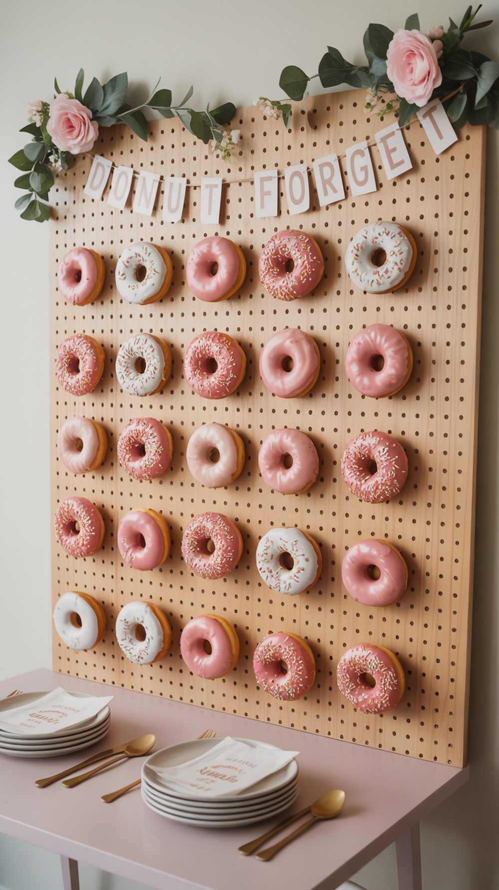 A donut wall decorated with pink donuts and a sign that says 'DON'T FORGET'.