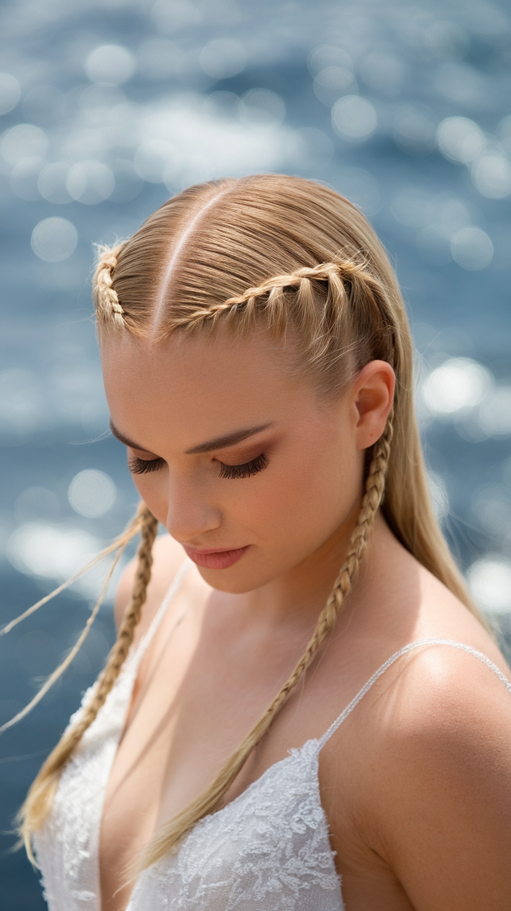 A woman with straight hair styled in a half-up braided crown, set against a beach backdrop.