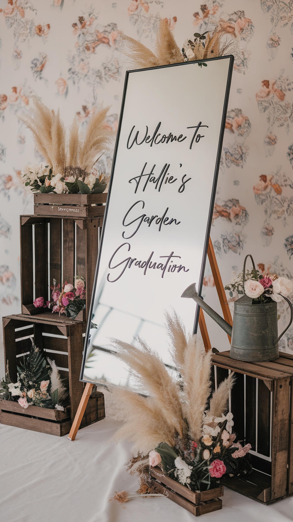 A beautifully decorated mirror welcome sign with flowers for a garden-themed graduation party.