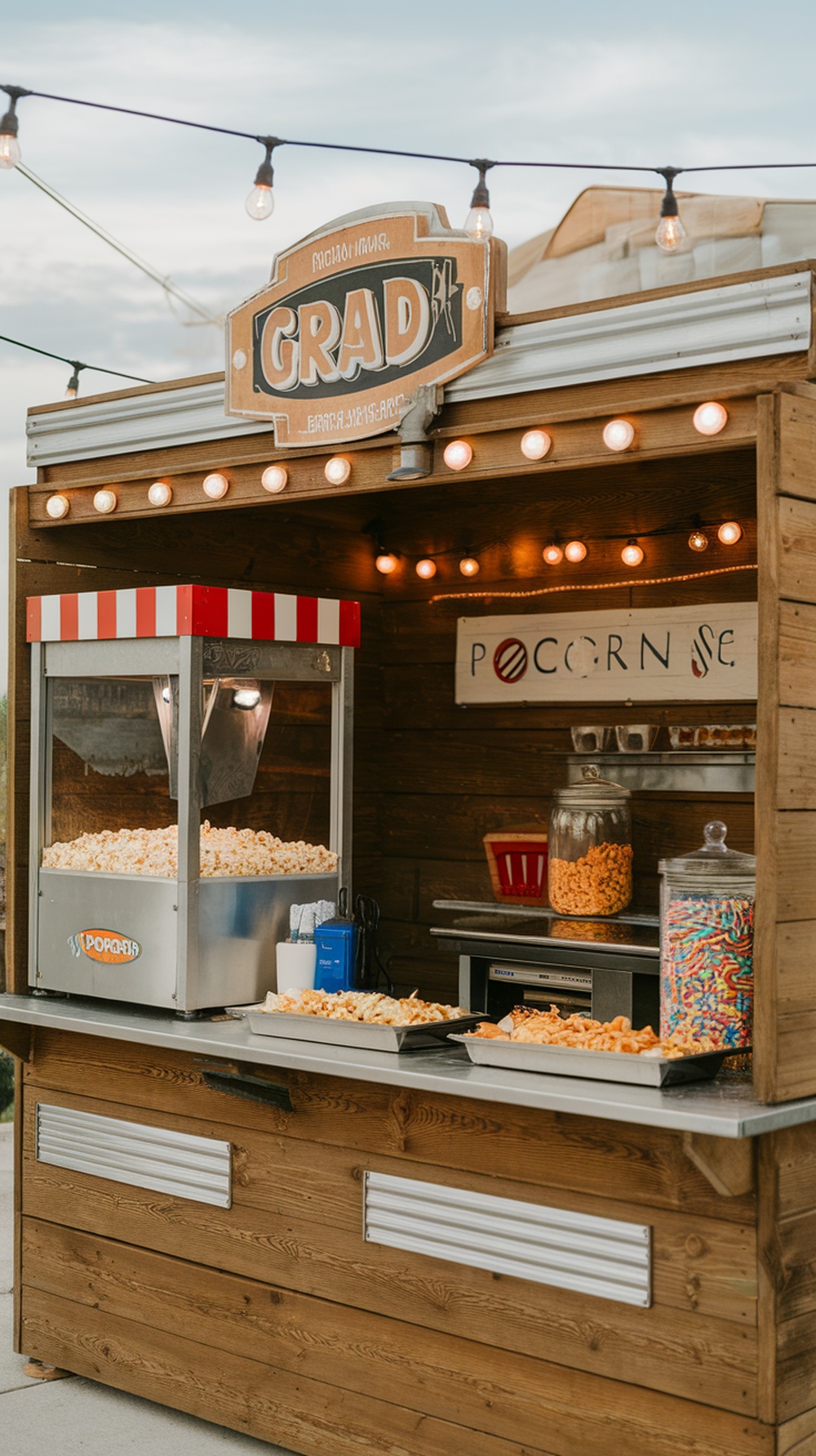 A drive-in style snack station for a graduation celebration featuring a popcorn machine and colorful candy jars.