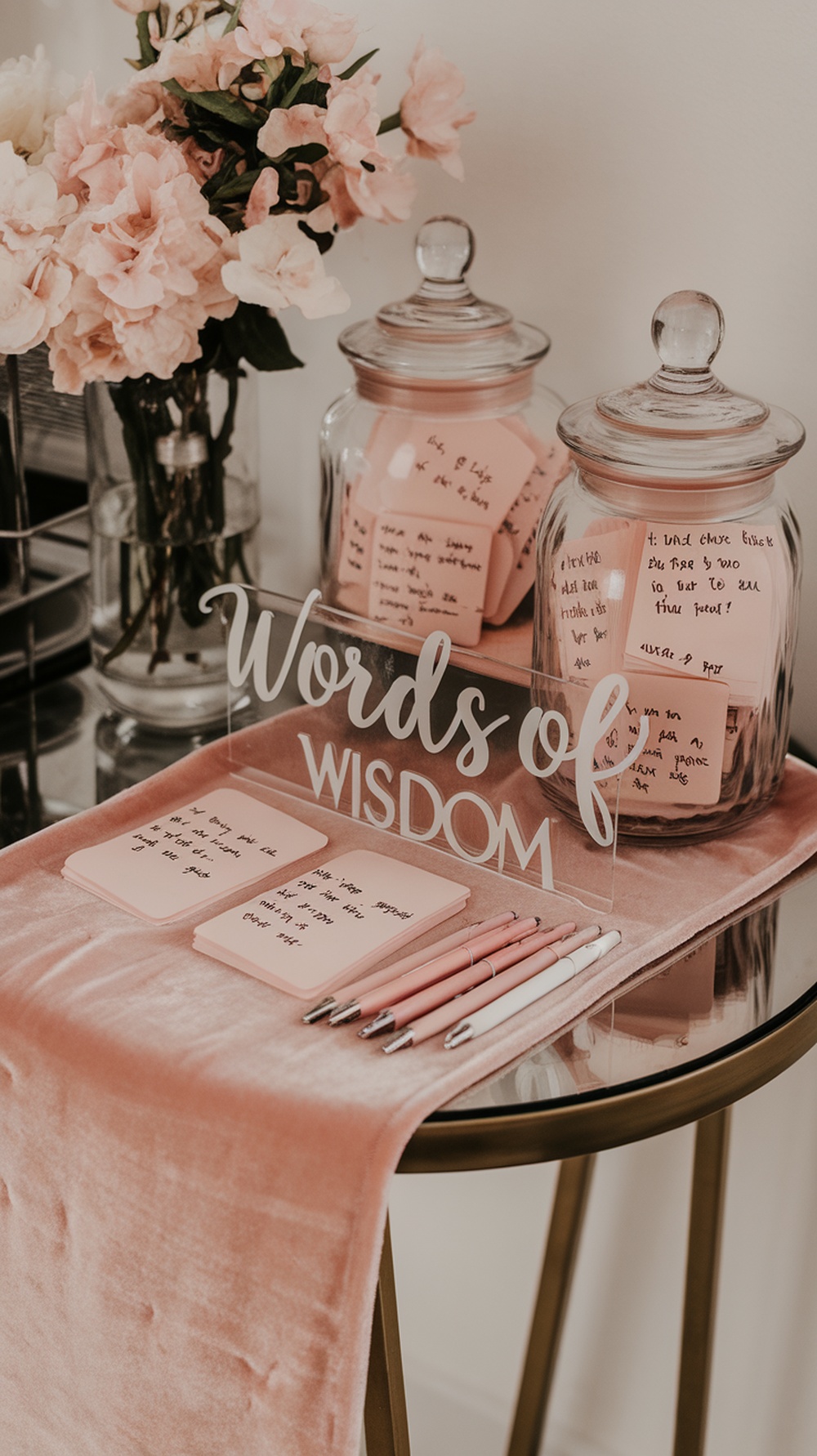 A pink graduation advice table with sticky notes, pens, and flowers.