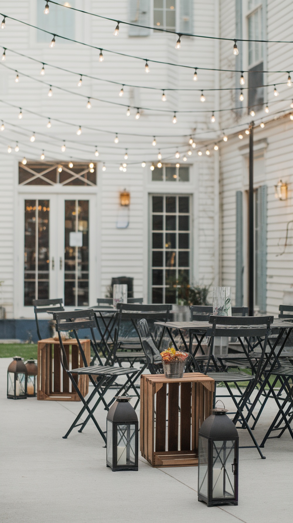 Backyard setup with industrial string lights and seating for a graduation party
