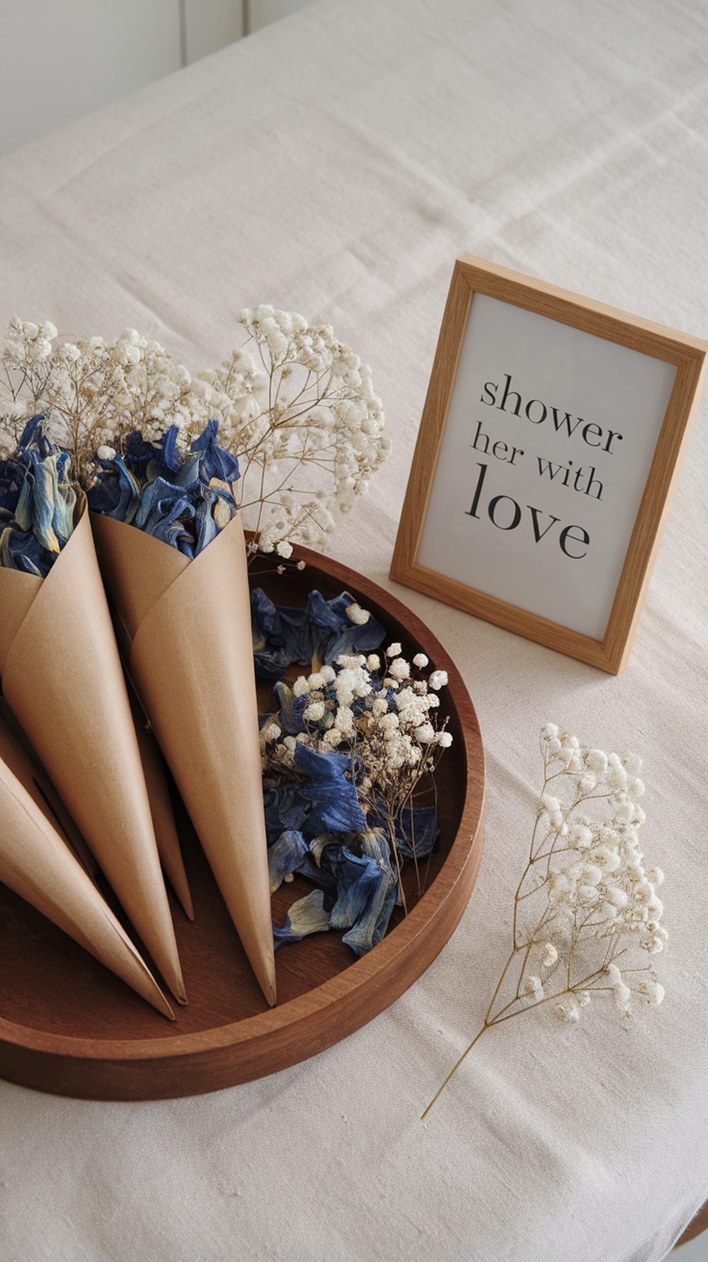 A decorative setup for a bridal shower featuring blue flower confetti in paper cones, surrounded by white flowers and a sign that reads 'shower her with love'.