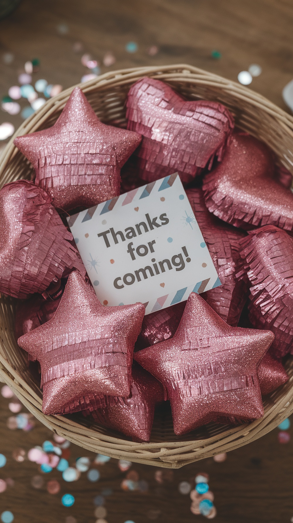 A basket filled with mini pink star and heart-shaped piñatas and a sign that says 'Thanks for coming!'