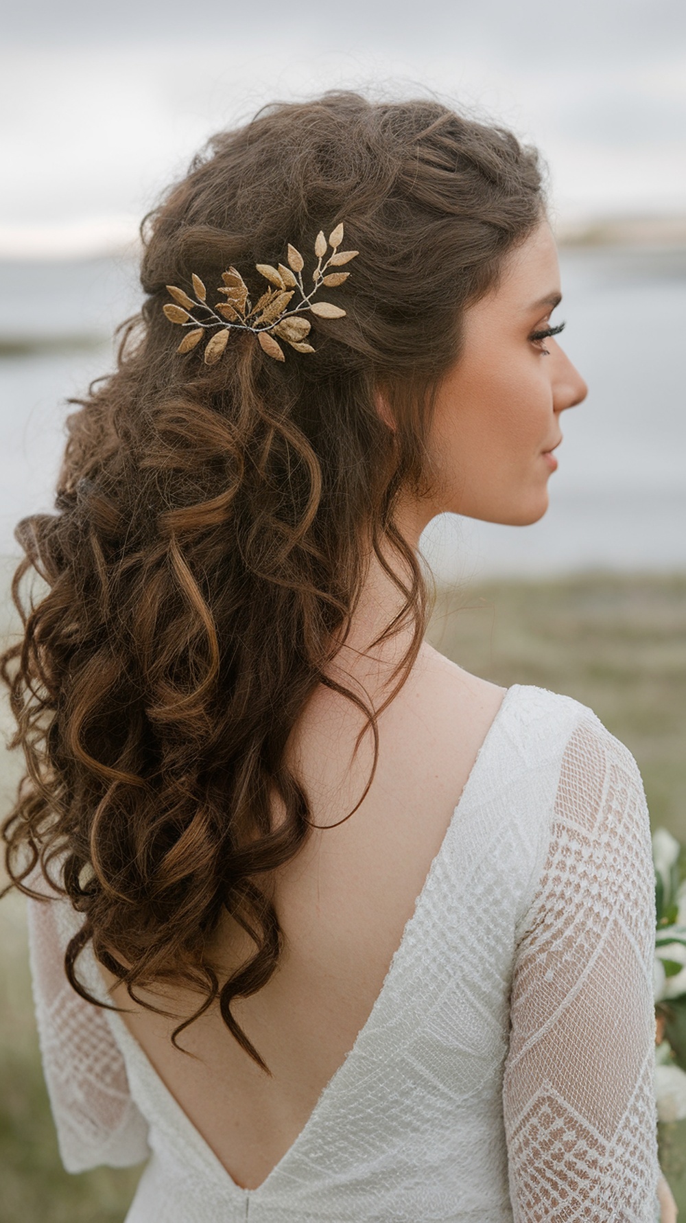 A woman with curly hair styled in a half-updo, adorned with a gold leaf comb, standing by the beach.