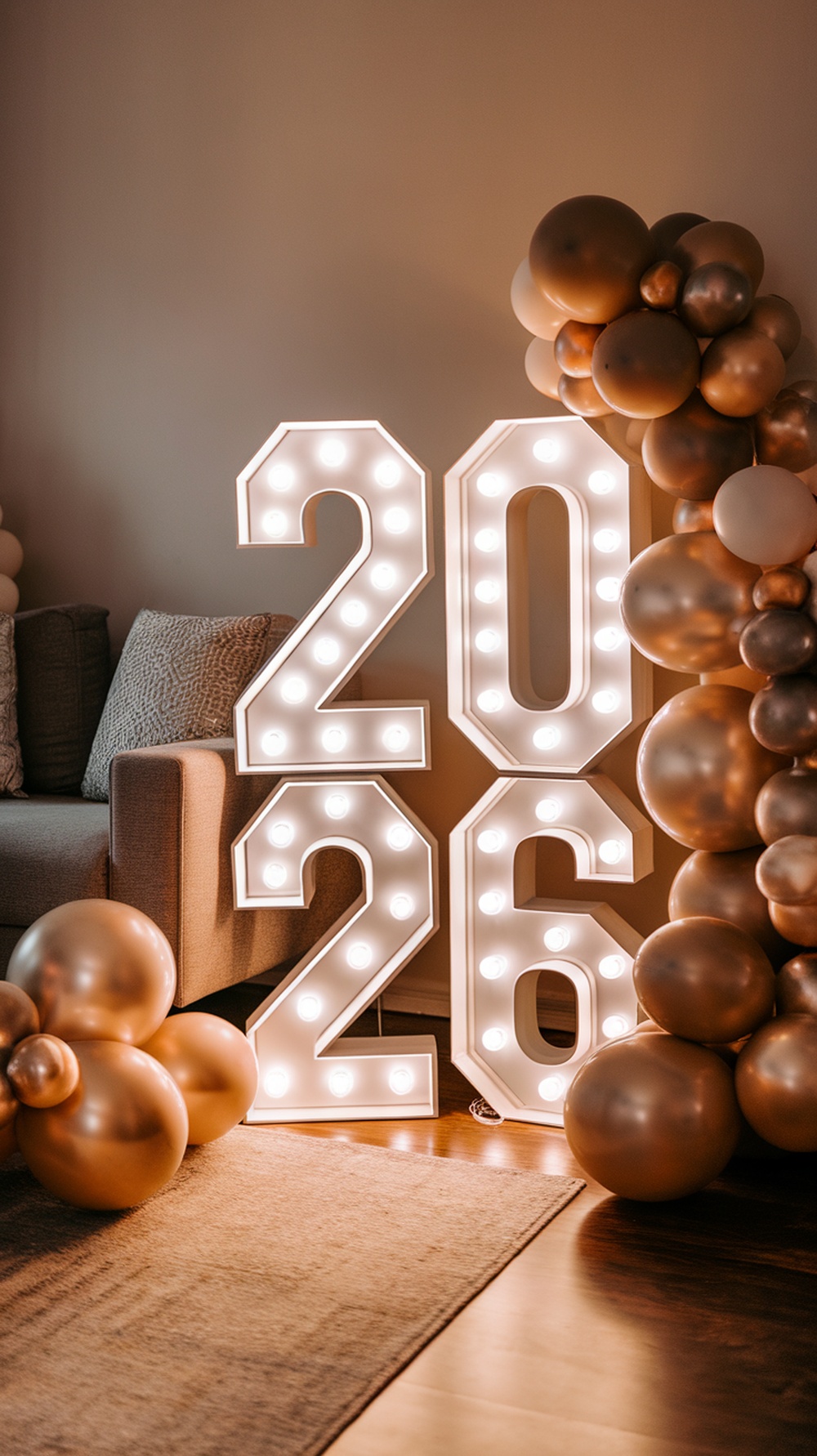 A living room decorated for a graduation party with light-up numbers '2023' and colorful balloons.