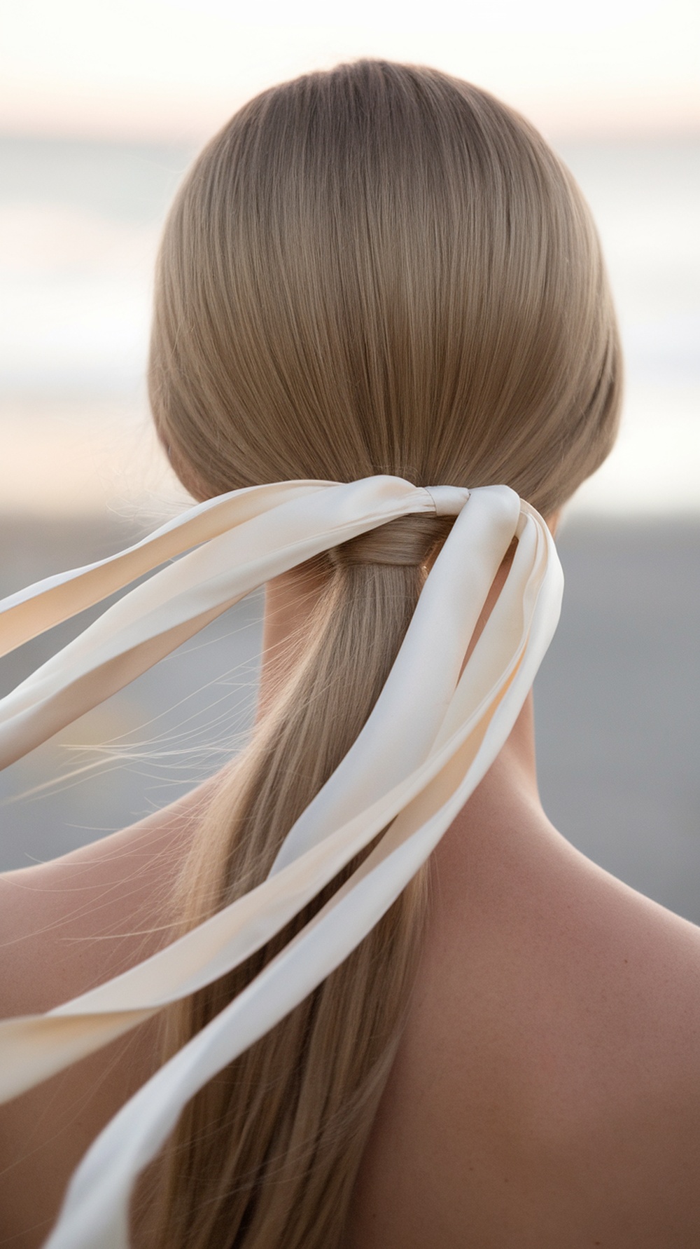 A low ponytail with a silk ribbon, showcasing straight hair styled elegantly for a beach wedding.