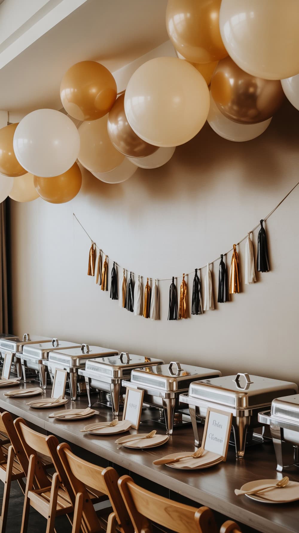 A buffet line set up along a wall with food trays and balloons.