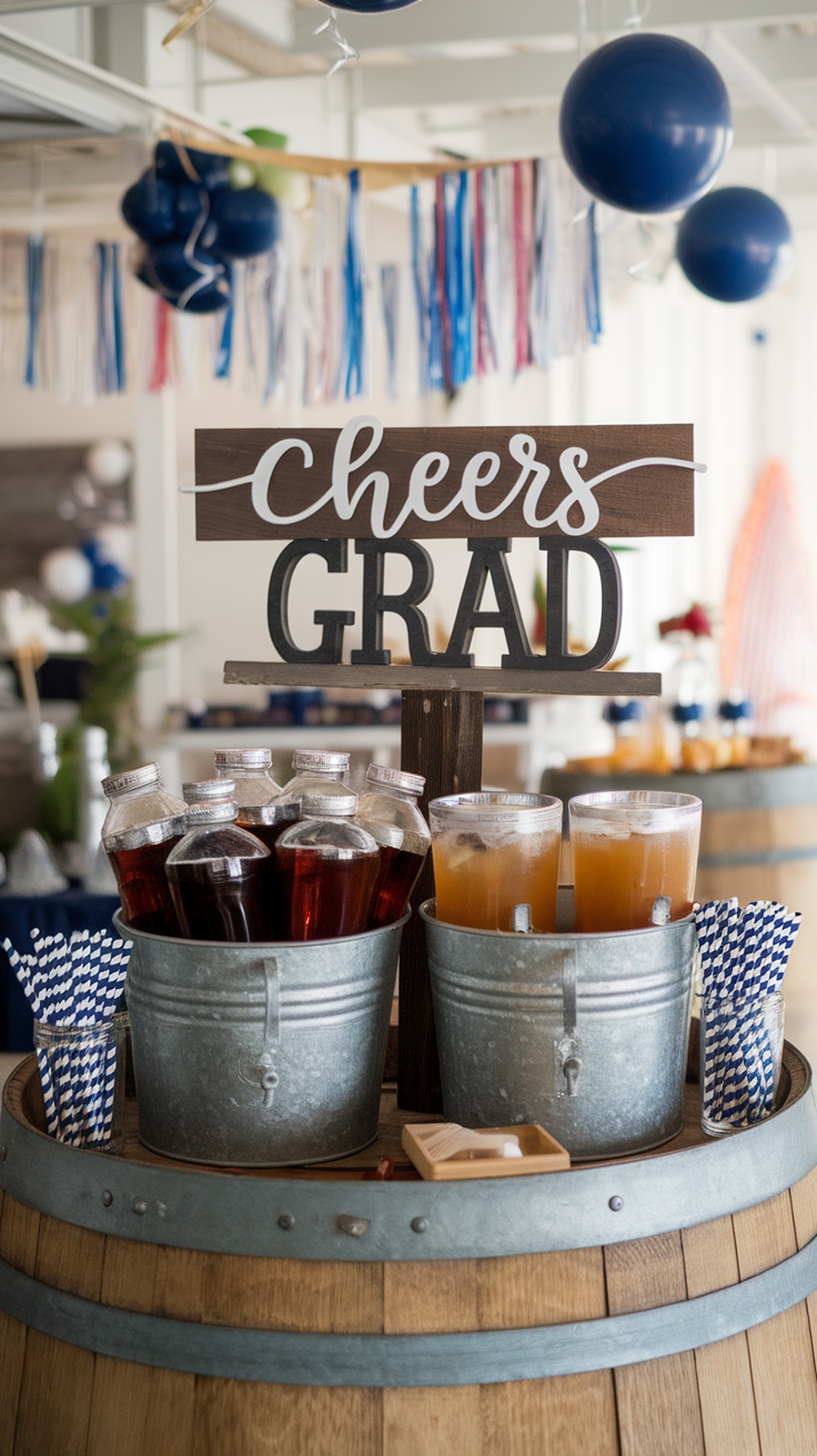 Rustic beverage station with drinks in metal buckets and a 'Cheers Grad' sign