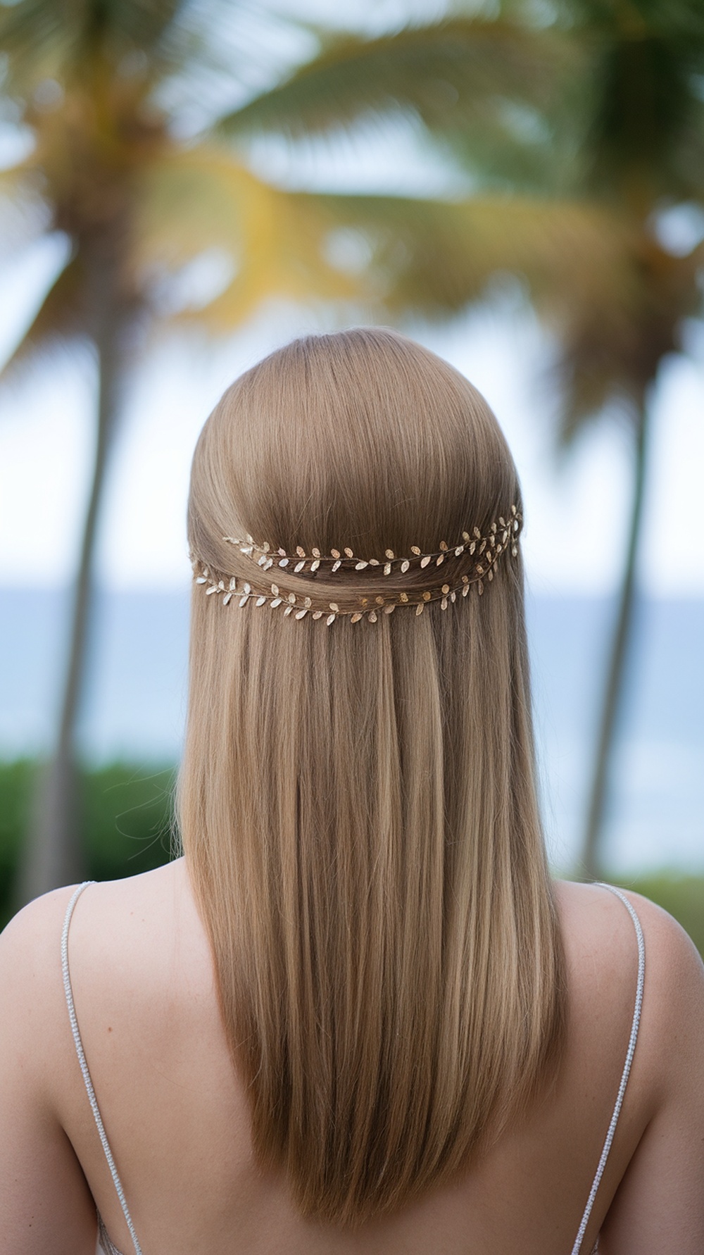 A woman with straight hair styled with gold leaf pins, set against a beach background.