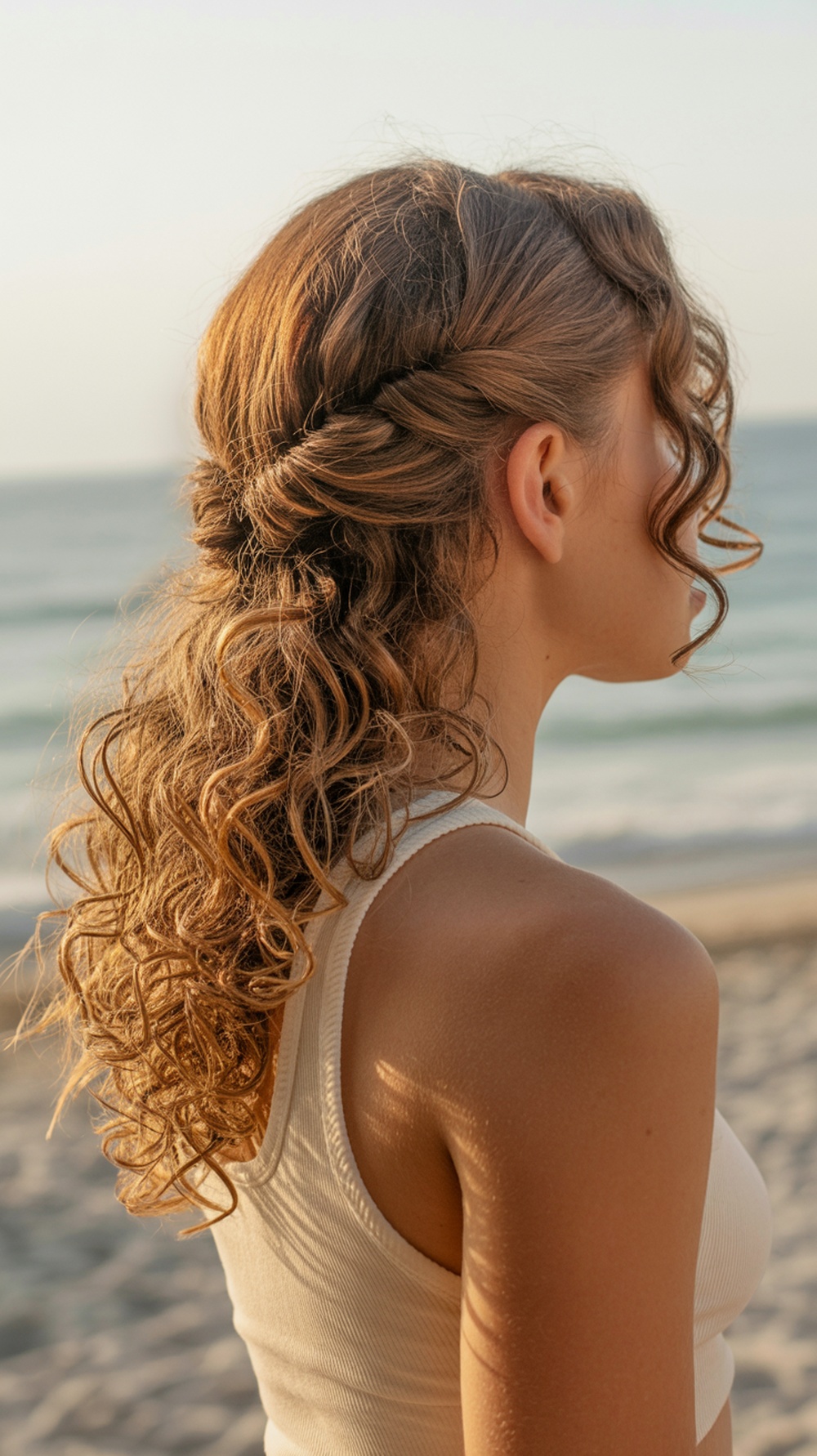 A bride with curly hair styled in a half-up look with twisted side pieces, showcasing a romantic beach wedding vibe.