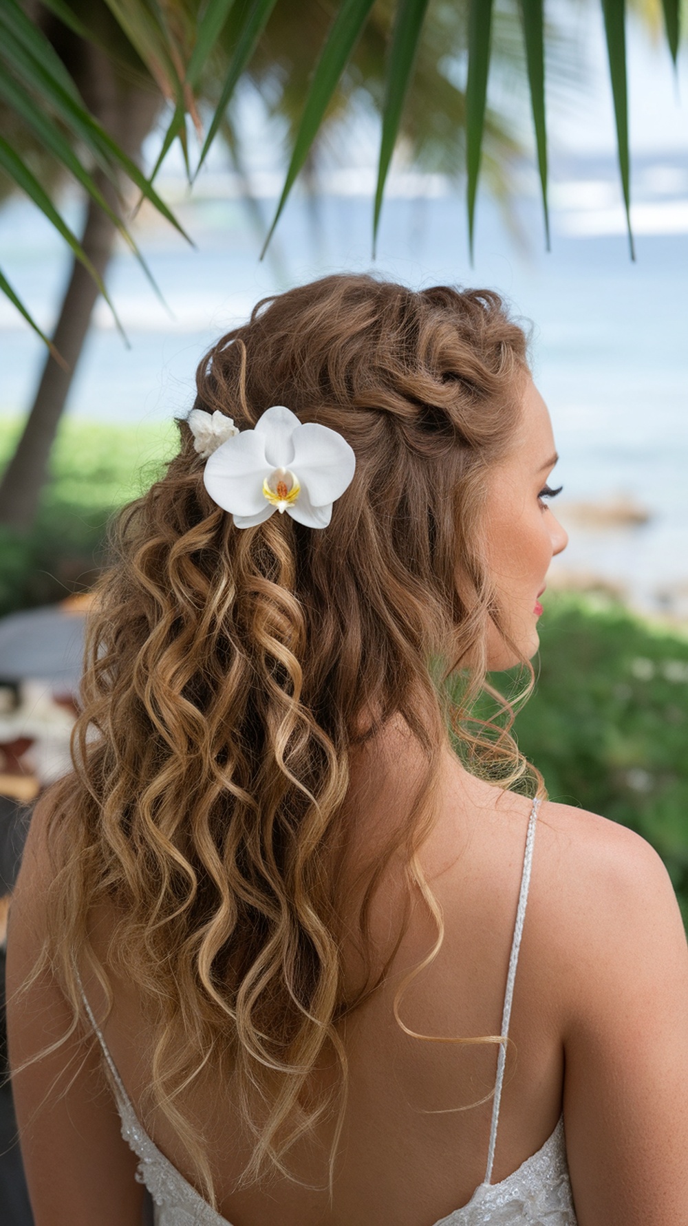 A woman with curly hair styled in a minimalist half-updo, adorned with an orchid clip, set against a beach backdrop.