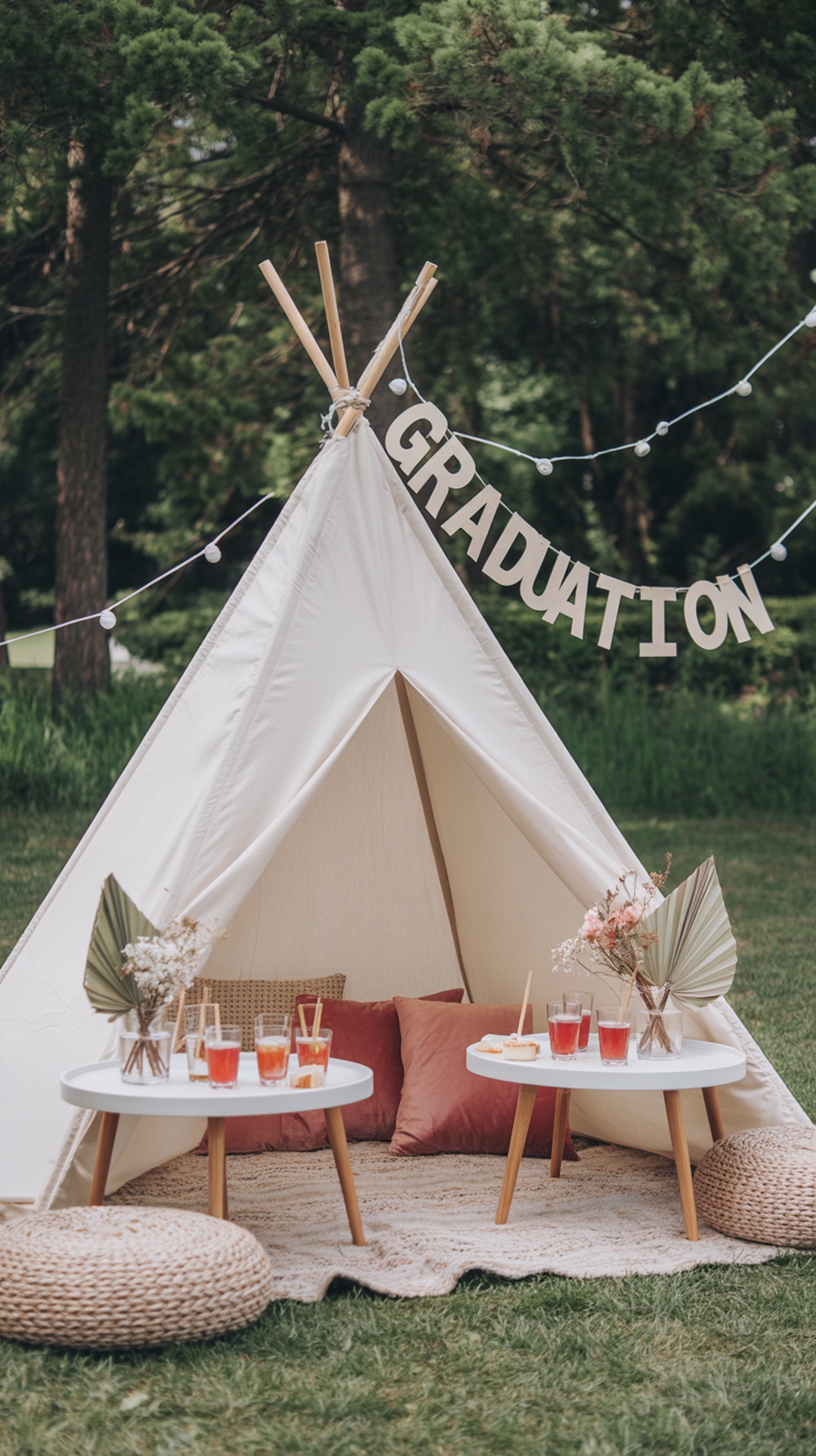 A cozy boho lounge tent decorated for a graduation party with cushions, drinks, and a banner.
