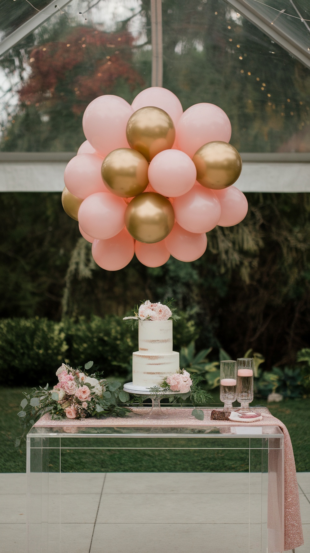 A balloon chandelier made of pink and gold balloons over a cake table with a white cake and pink decorations.