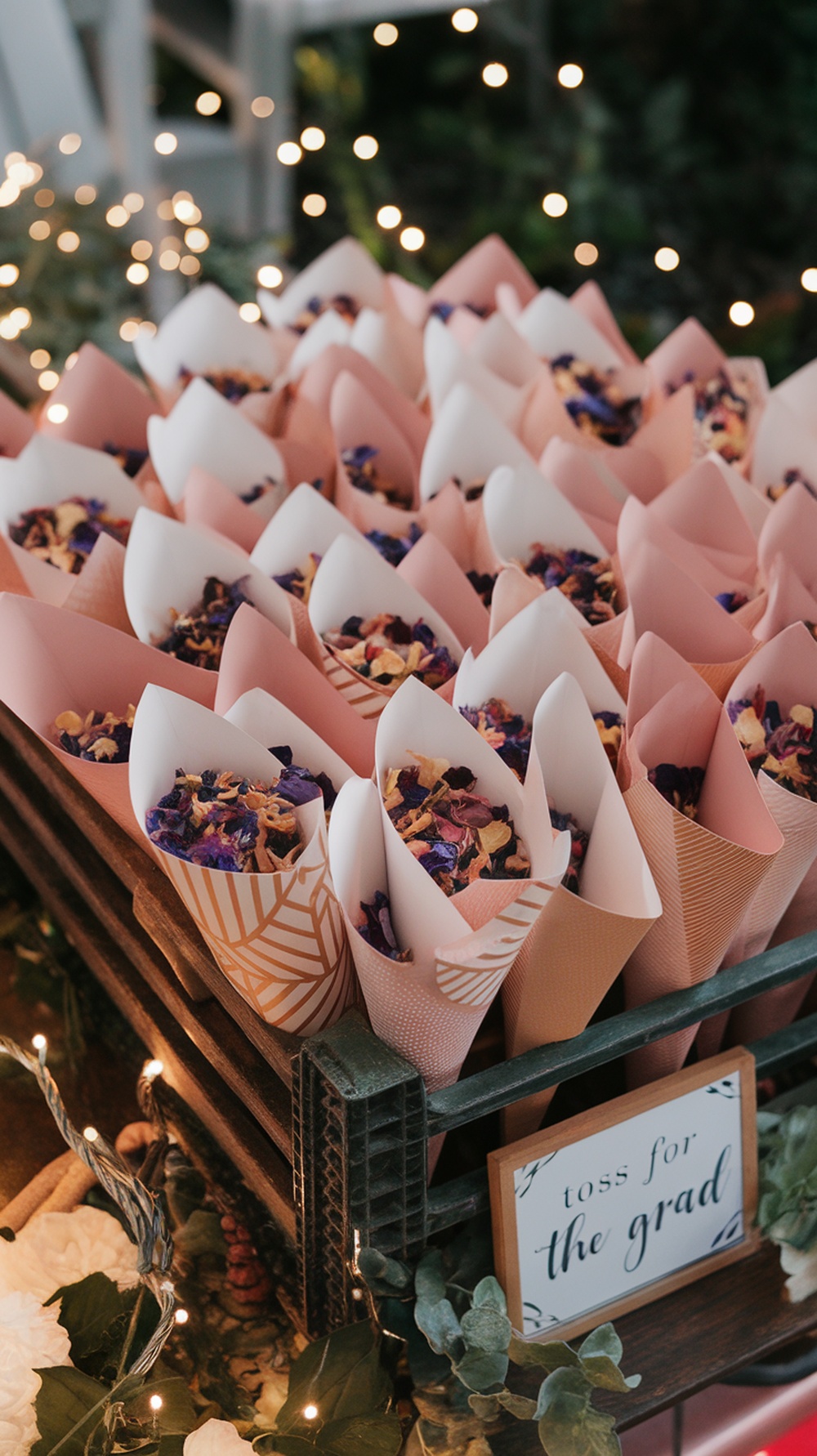 A table with confetti cones in pink and white, set in a wooden crate with a sign that says 'toss for the grad'.