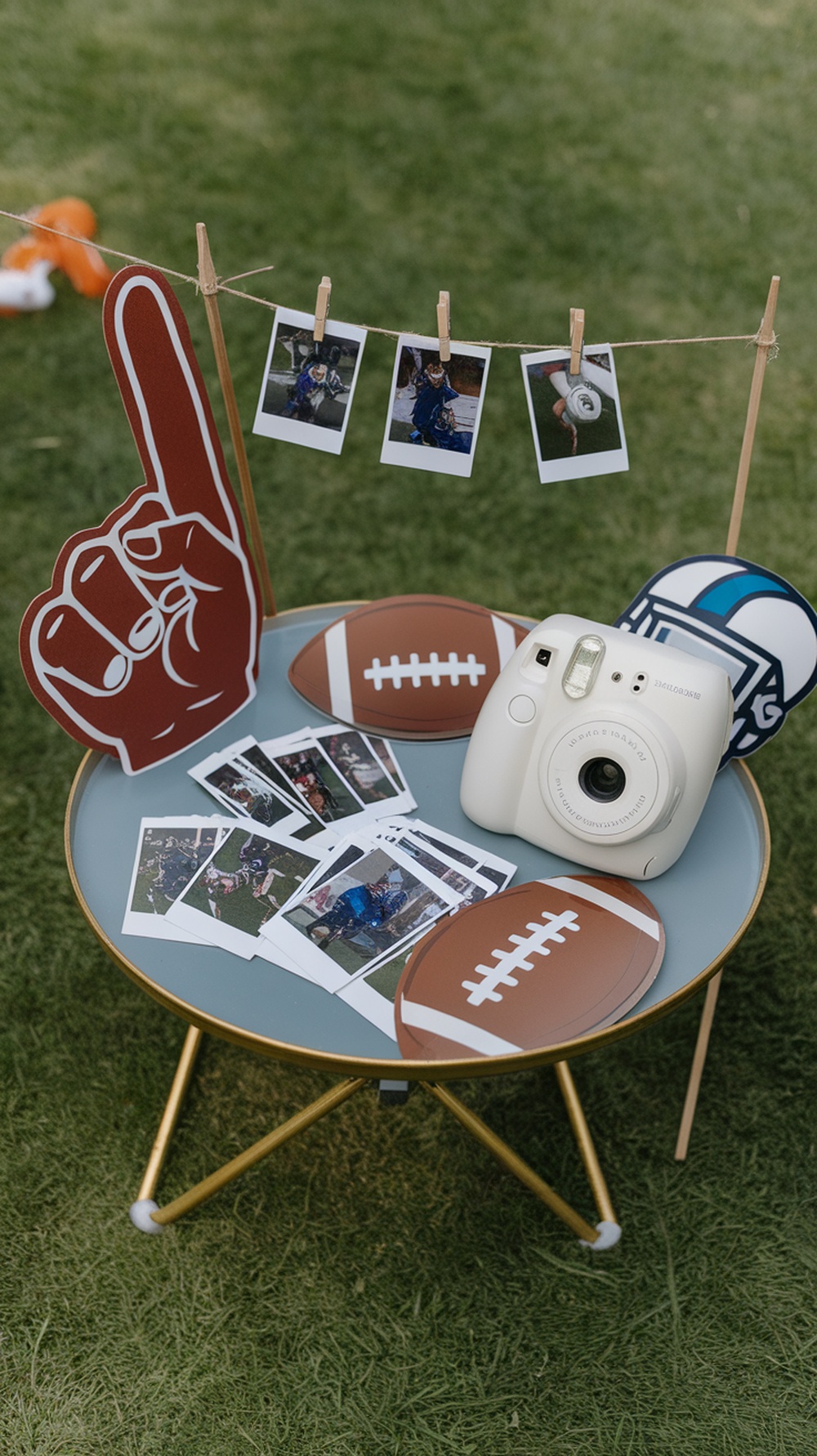 A Polaroid photo station with football-themed decorations, including a camera, printed photos, and props.