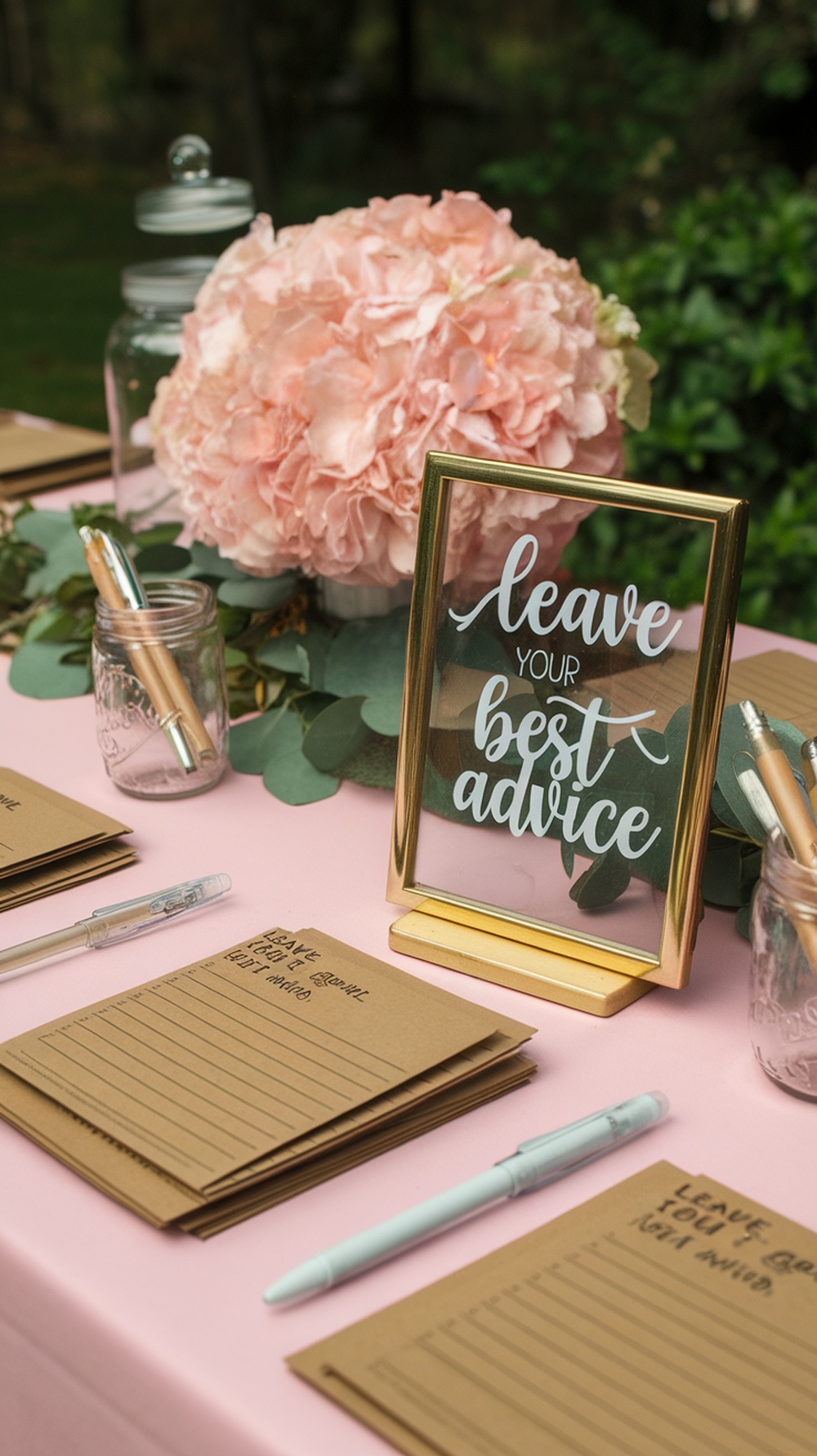 A graduation advice table with a sign, hydrangea flowers, and advice cards.