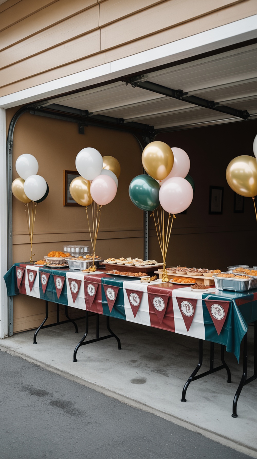 Buffet line set up in a garage with blue and white decorations, featuring various food dishes and balloons.