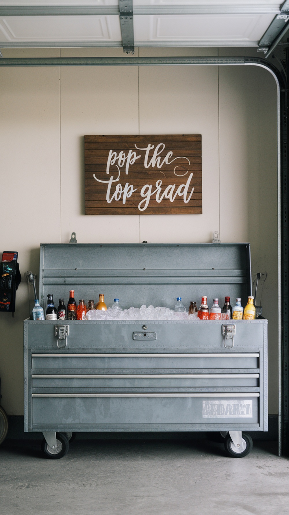 A toolbox filled with ice and drinks for a graduation party, with a sign that says 'pop the top grad'.