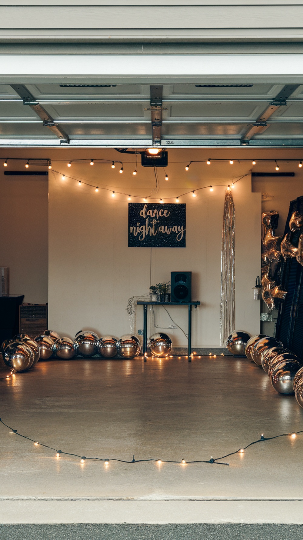 A garage decorated for a graduation party with a dance floor setup, featuring string lights, a speaker, and metallic balloons.