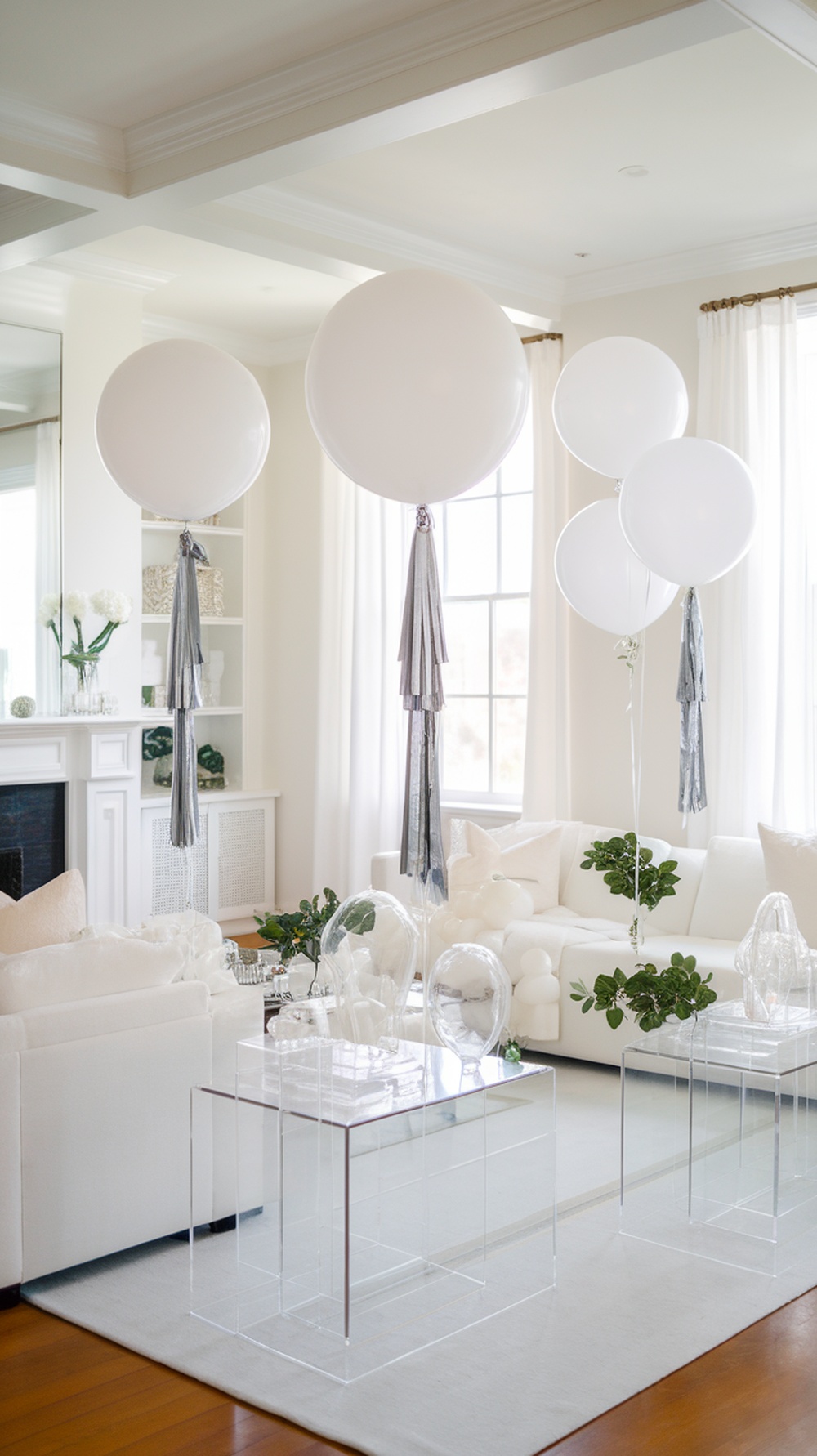 A minimalist living room decorated for a graduation party with white balloons and clear furniture.