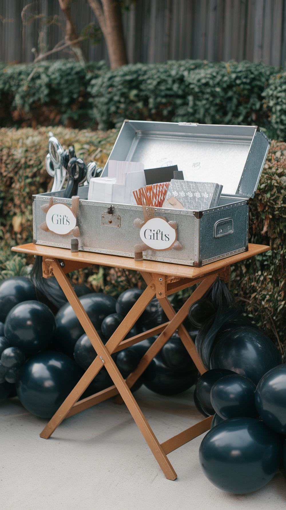 A tool bench-inspired gift table with a metal toolbox and black balloons.