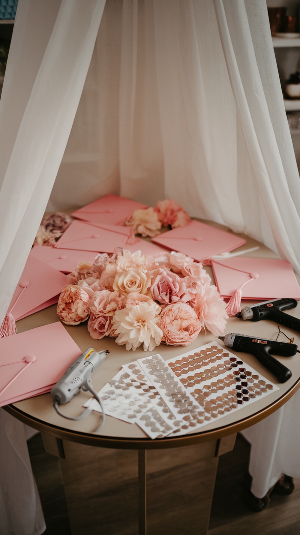 A decorated table with pink graduation caps, flowers, and crafting supplies for a graduation party.