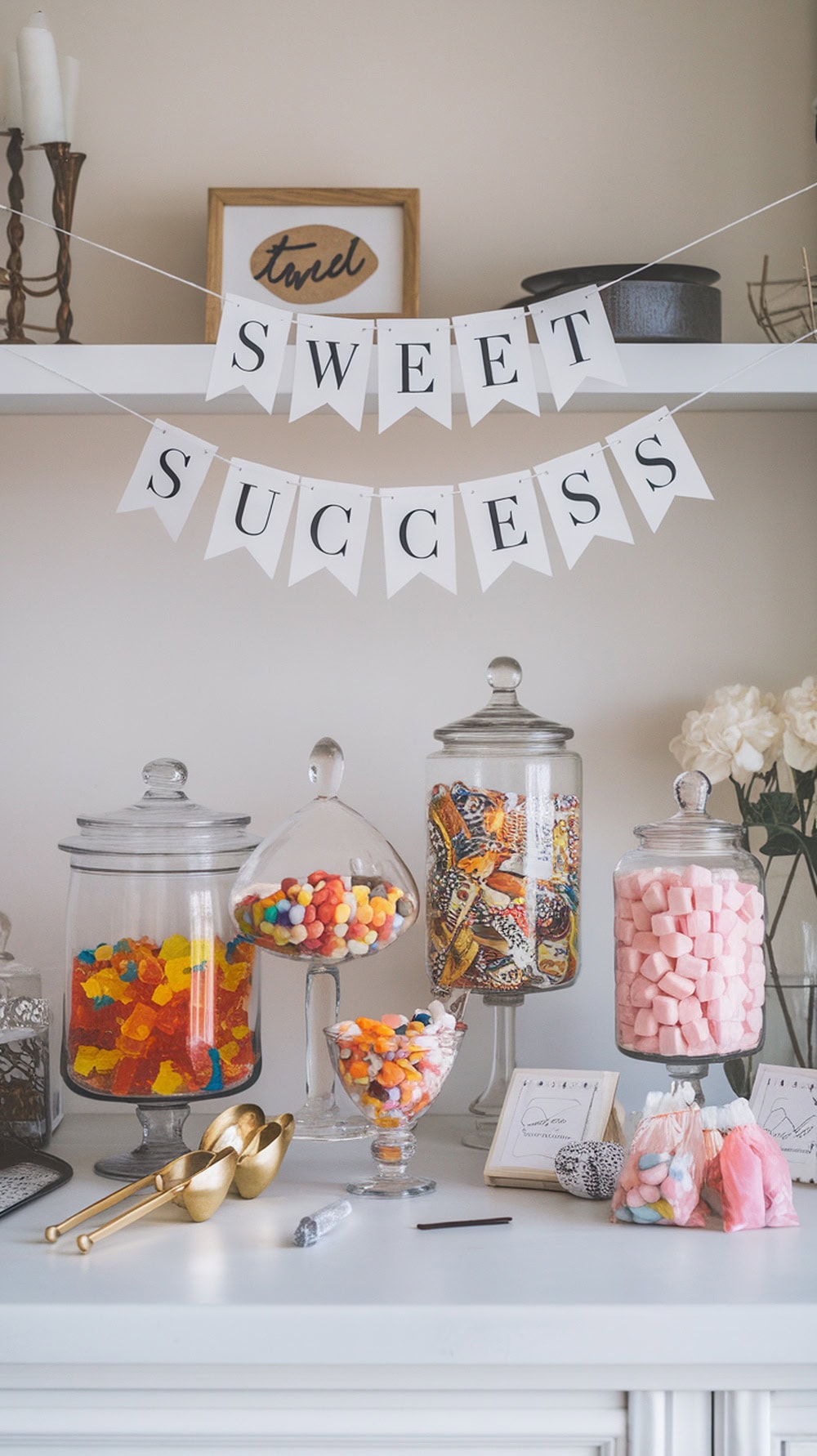 A colorful candy bar setup with various jars of candy and a 'Sweet Success' banner.