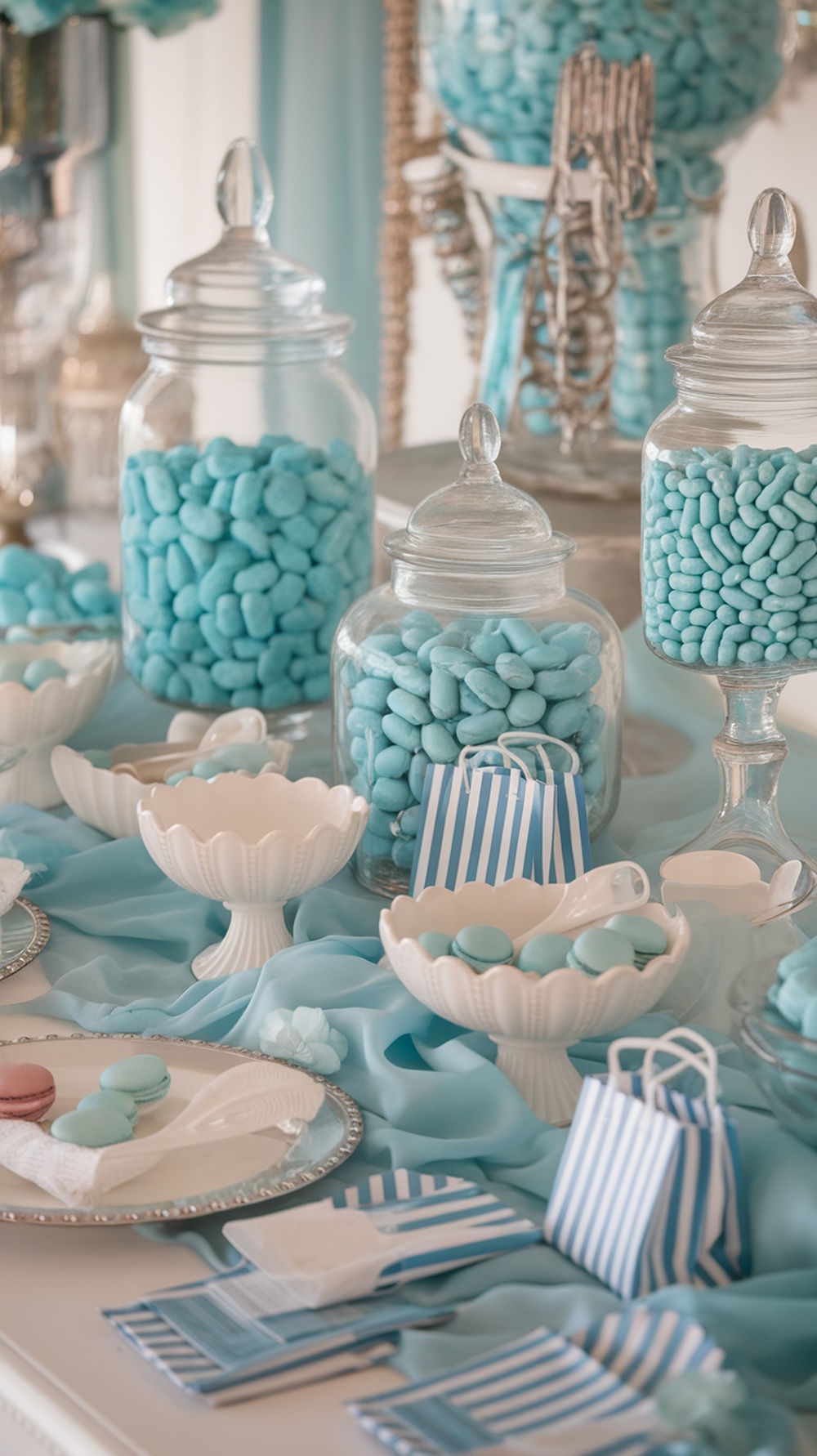 A beautifully arranged blue candy buffet table with various blue candies in jars and bowls.