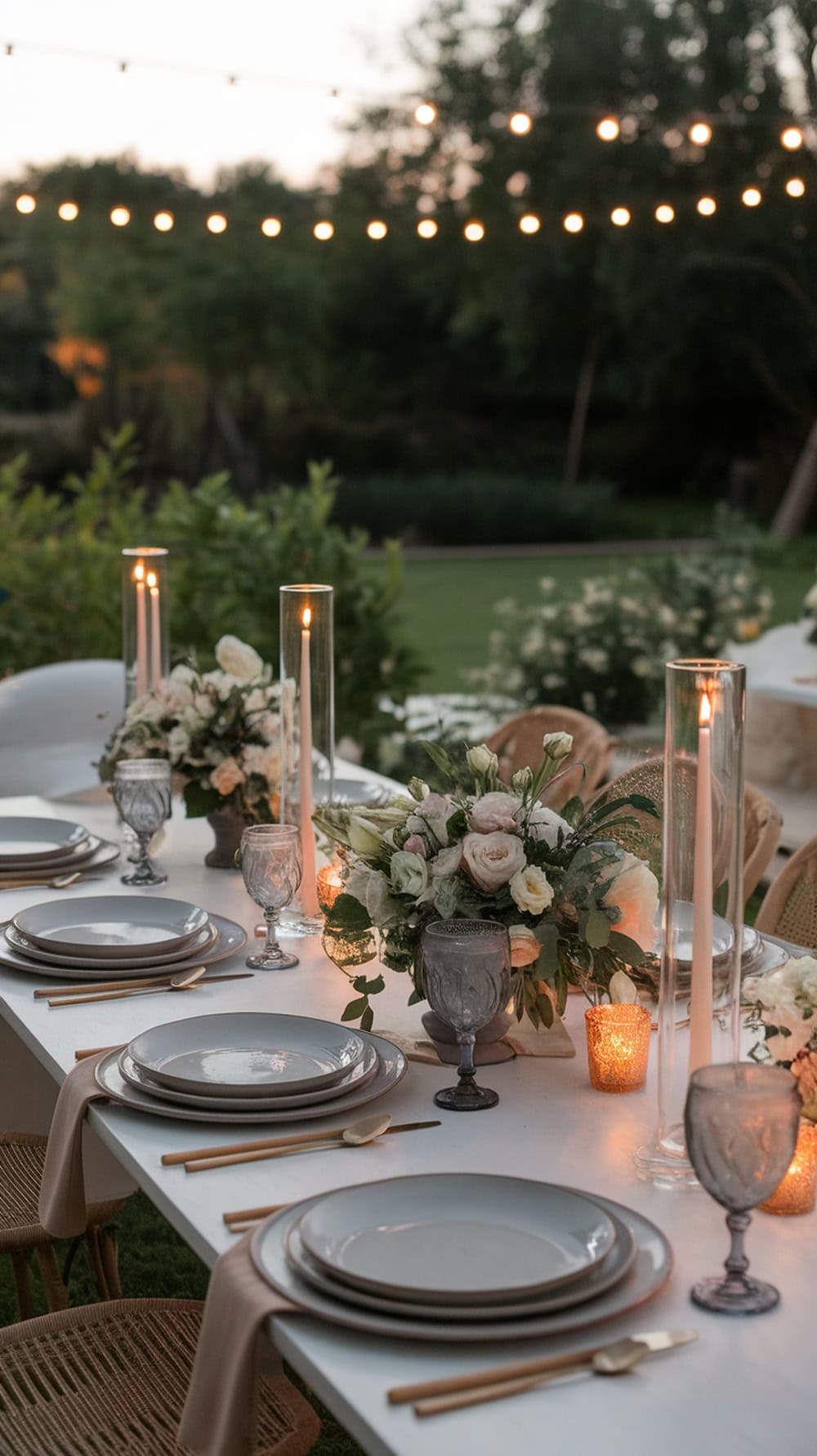 A long graduation dinner table set with plates, glasses, and candles, decorated with flowers and string lights overhead.