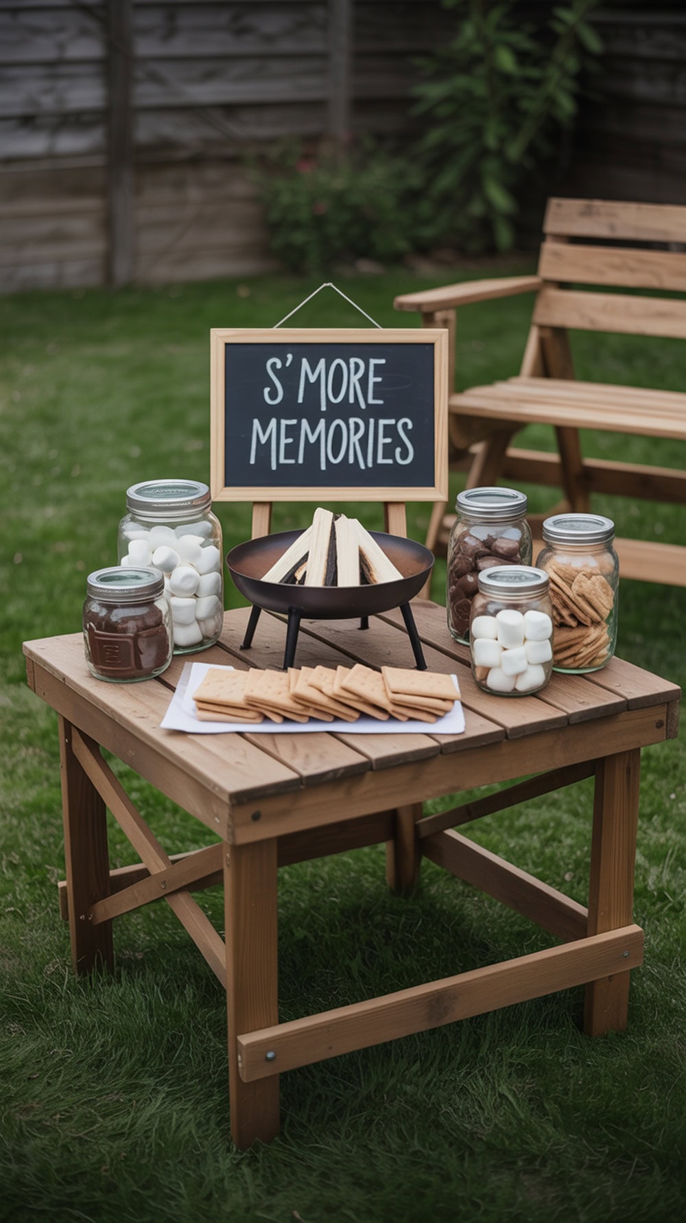 A cozy S'mores dessert table setup with a fire pit, graham crackers, marshmallows, and chocolate jars.