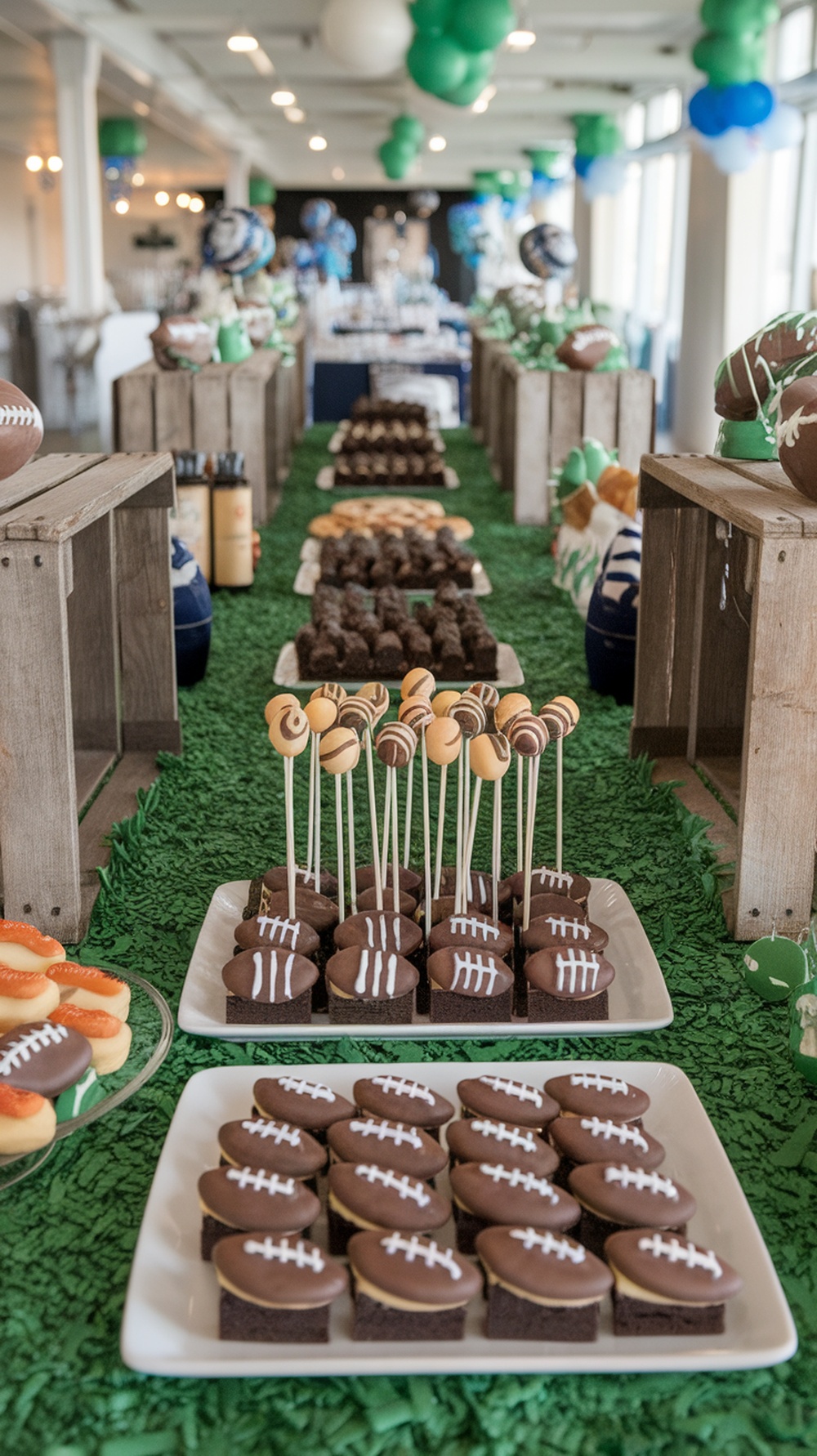 A dessert spread featuring football-themed treats on a green tablecloth.