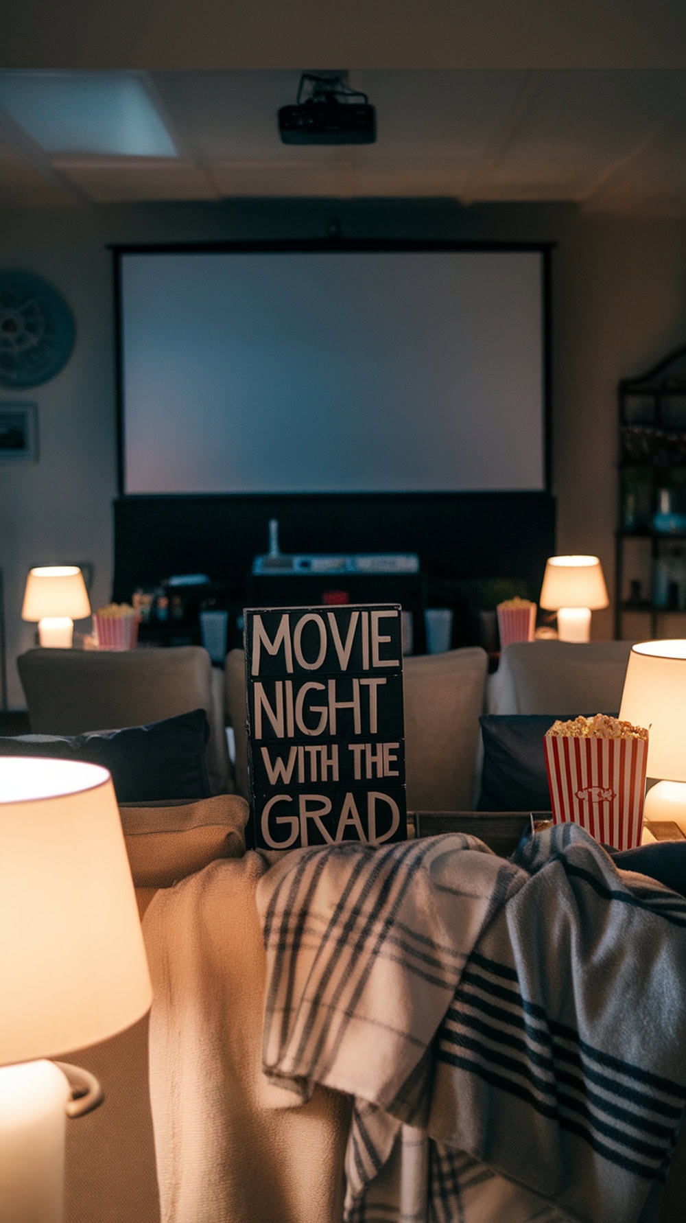Cozy movie night setup for a graduation celebration with a projector screen and popcorn.