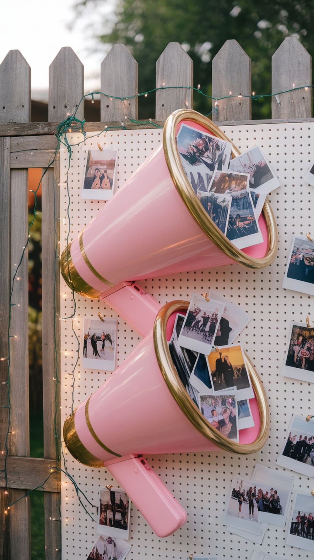 A pink megaphone wall decorated with photos, perfect for a graduation party.