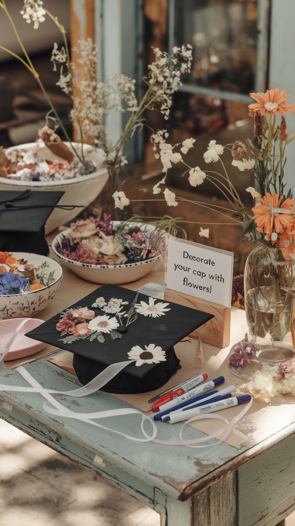 A decorated graduation cap with flowers on a table with supplies for a decorating station.