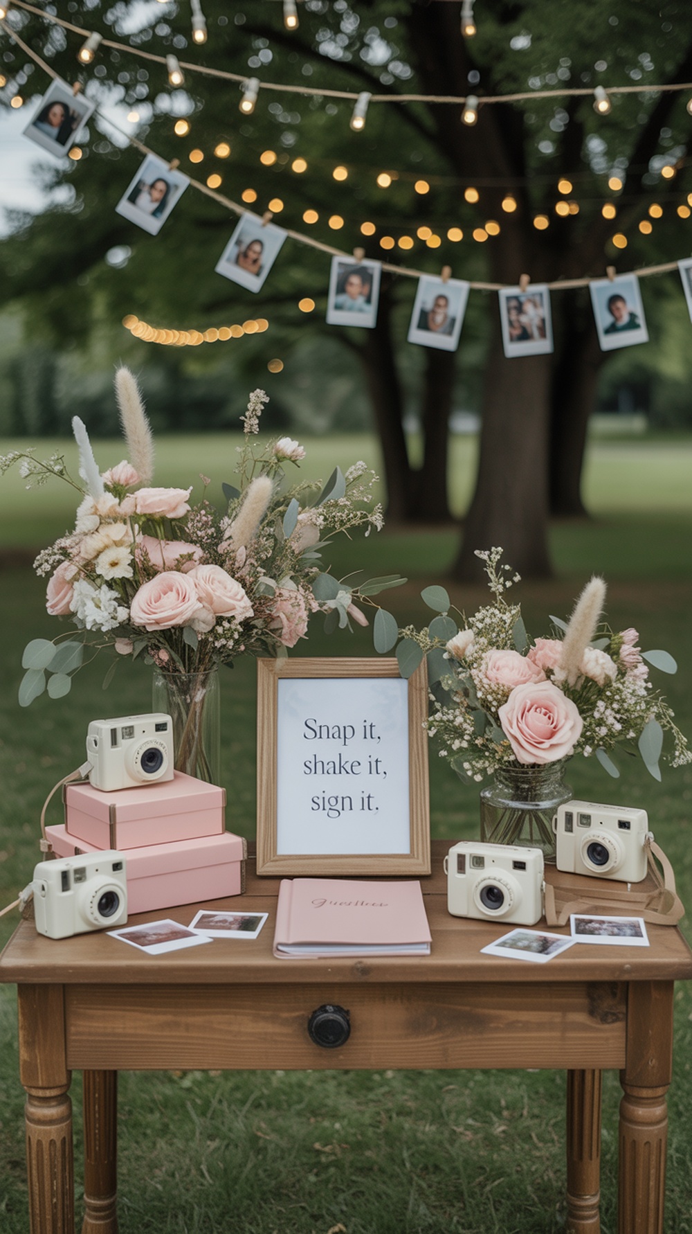 A DIY Polaroid guest table with cameras, flowers, and photos hanging on a string.
