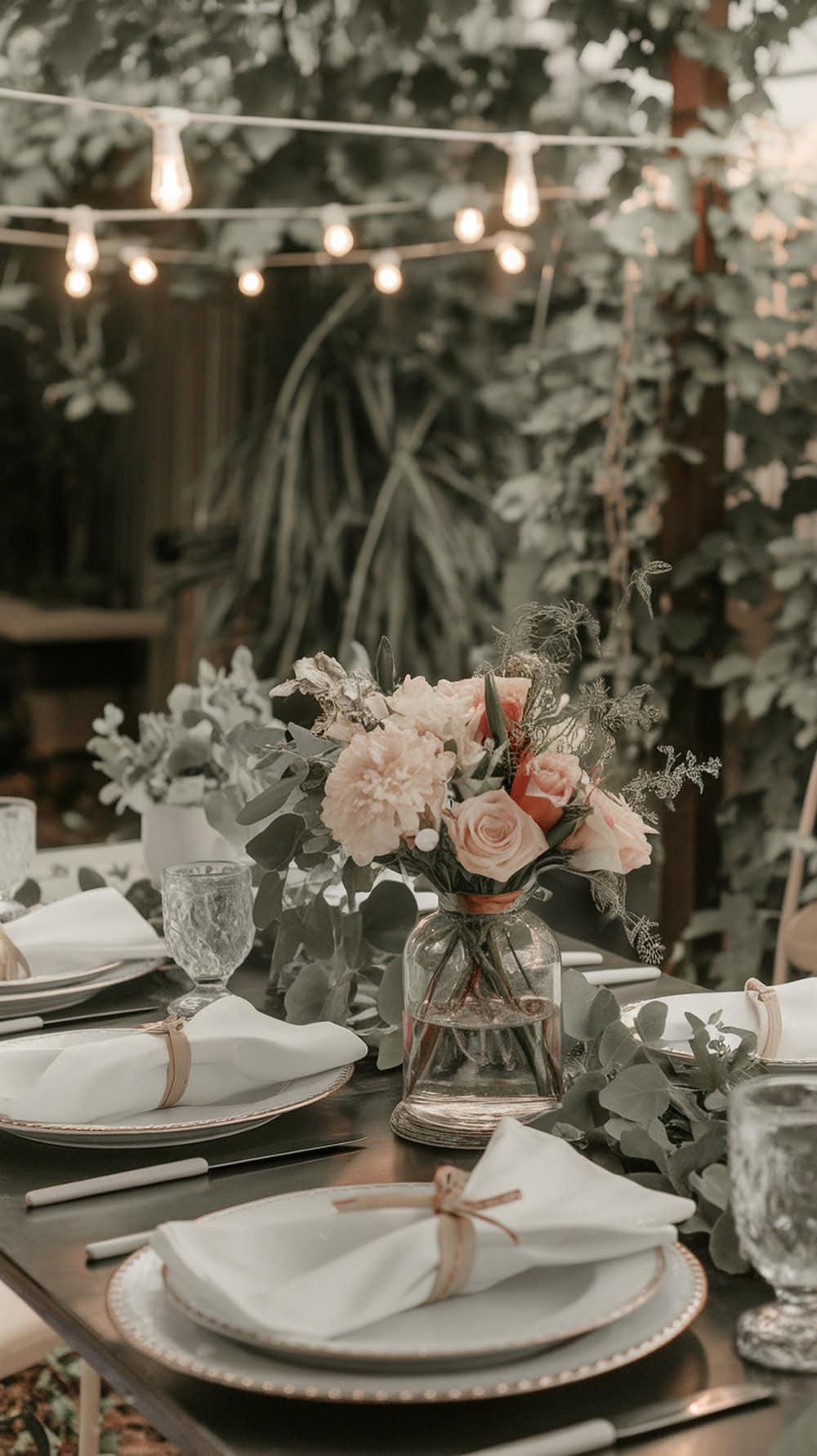 A beautifully arranged outdoor dinner table with flowers, elegant plates, and string lights.