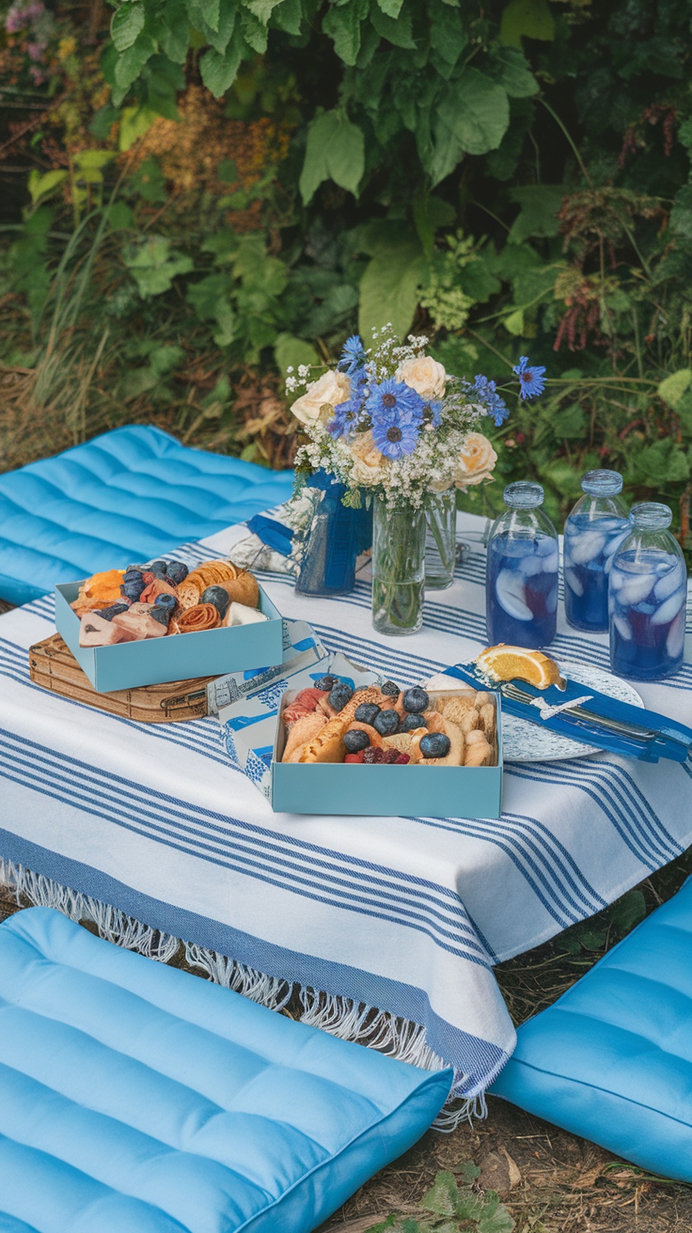 A blue themed picnic setup with a striped blanket, blue cushions, pastries in boxes, and blue drinks.