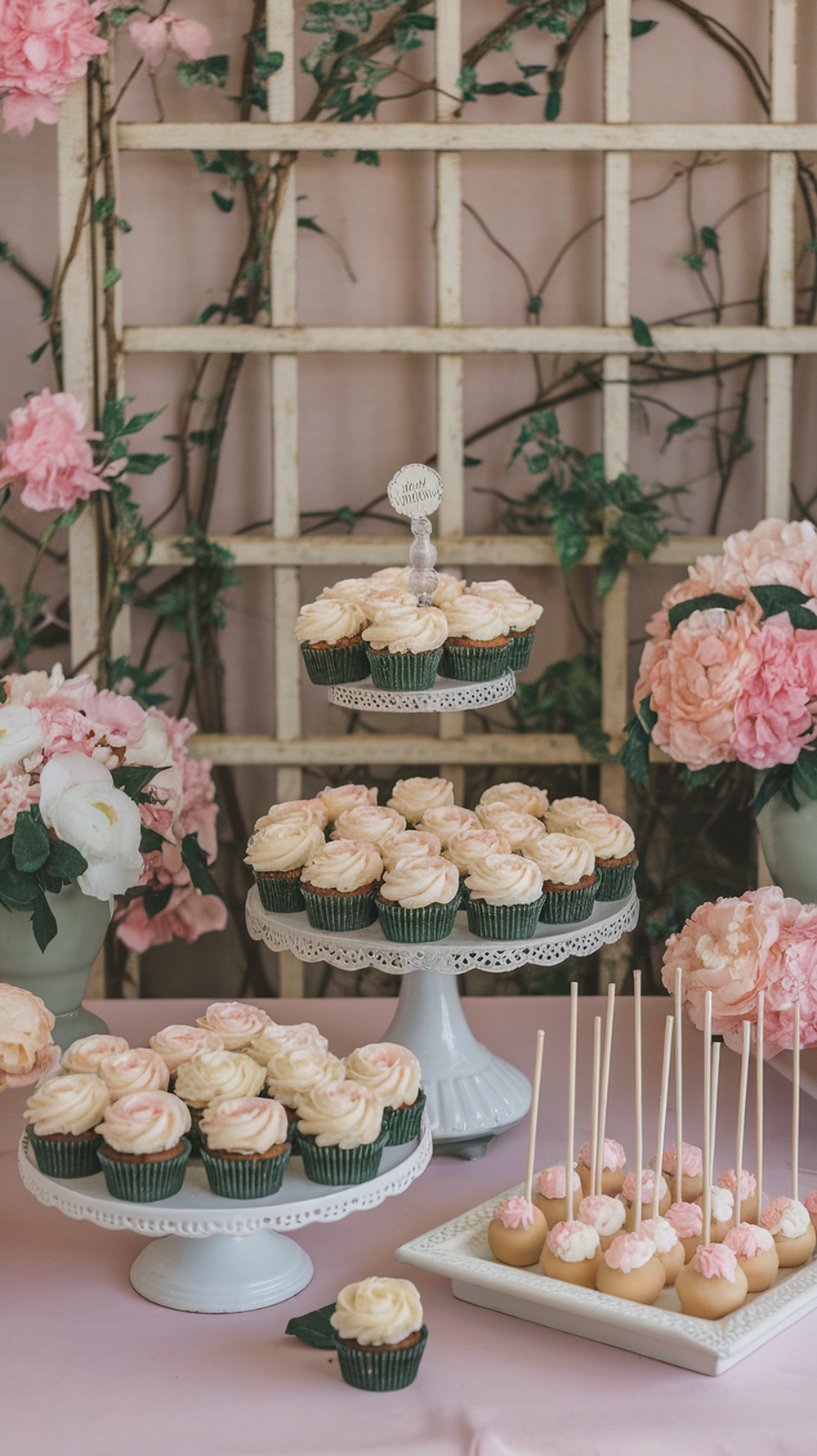 A floral sweets table featuring mini cakes and cupcakes with floral designs, surrounded by fresh flowers.