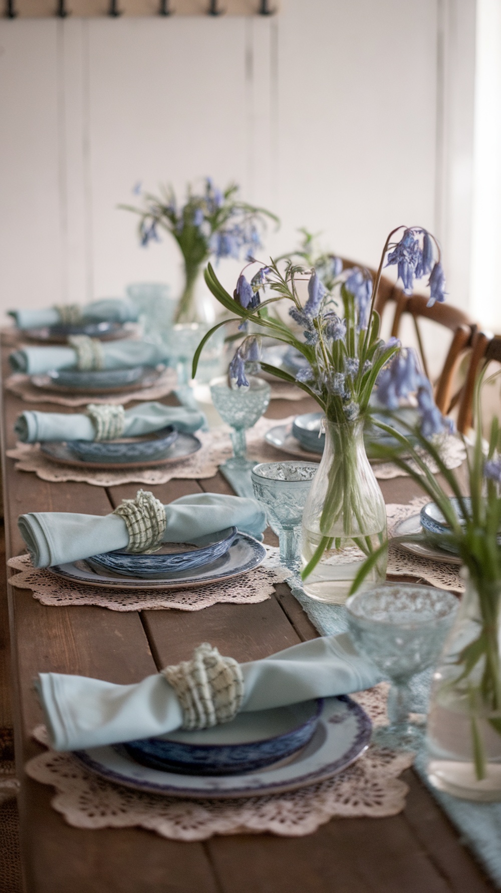 A beautifully arranged blue vintage china tablescape with lace table runner and fresh flowers.