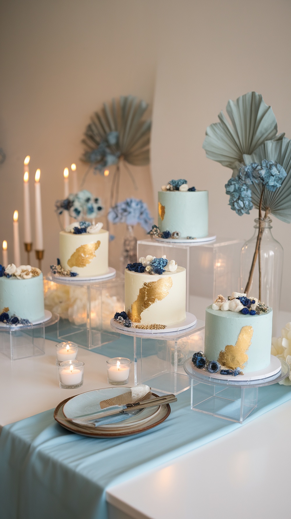 A beautifully arranged mini blue cake station featuring small cakes with gold accents and floral decorations.