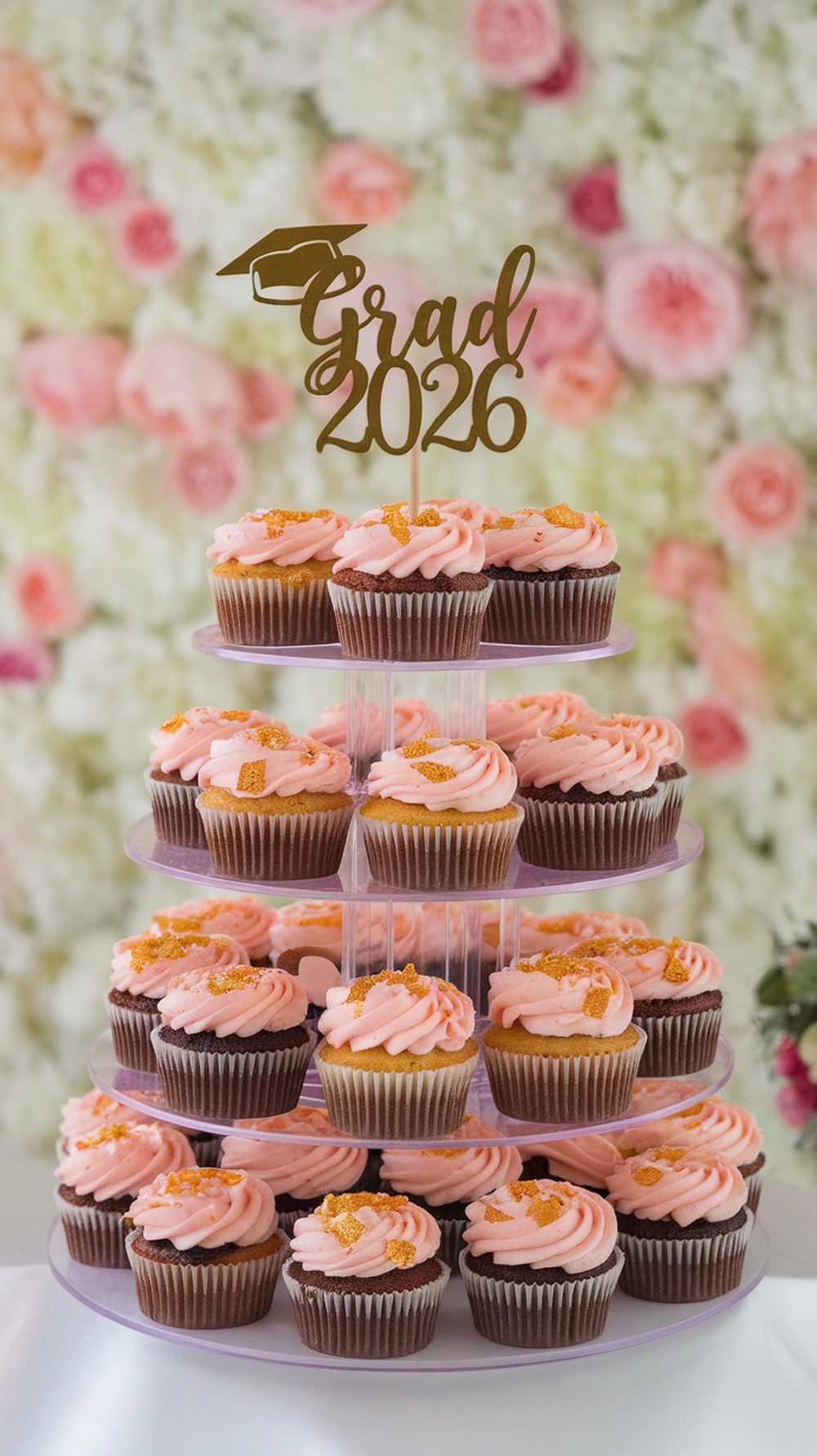 A mini cupcake tower with pink frosted cupcakes and a 'Grad 2026' topper.
