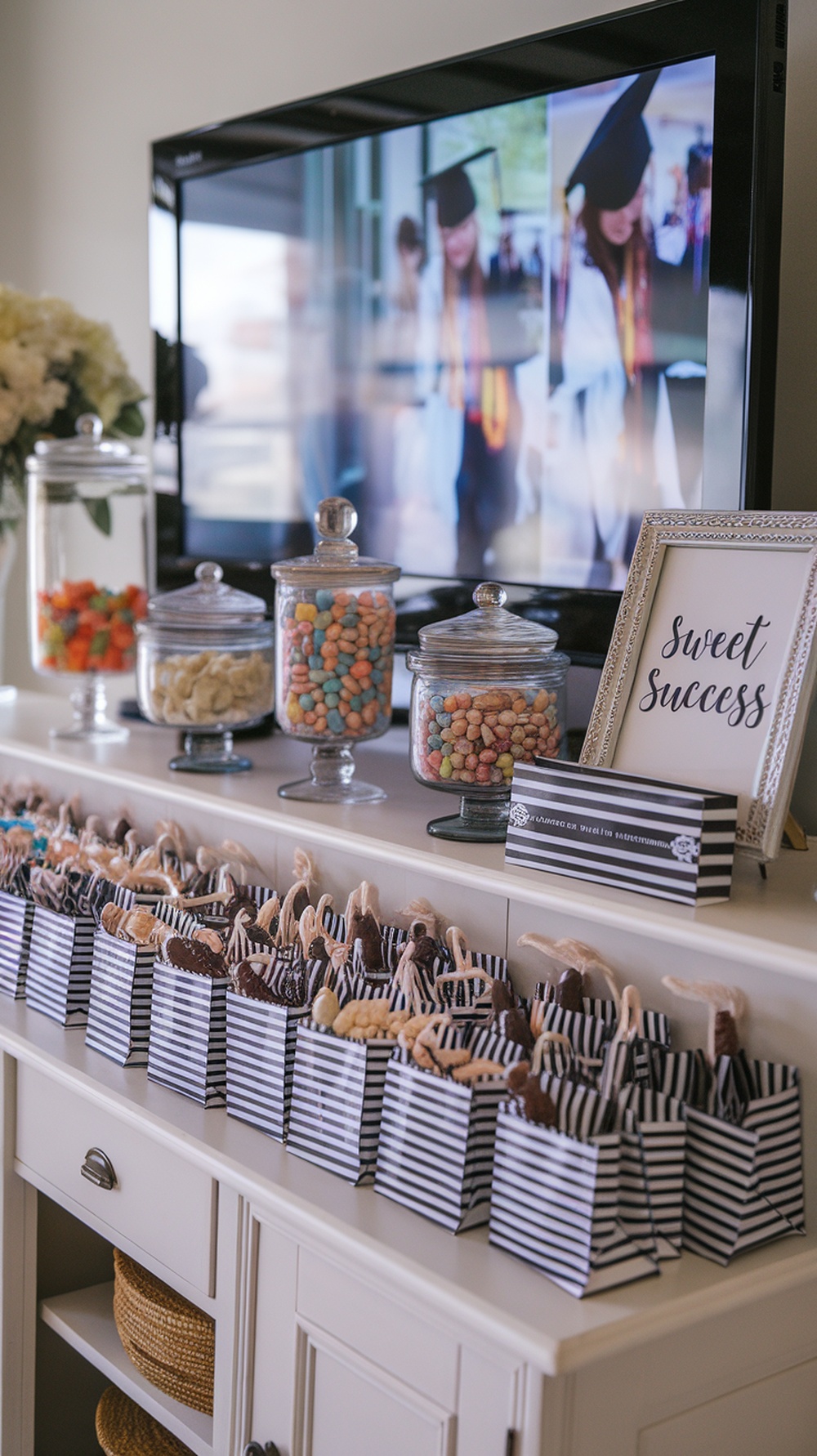 A candy bar setup on a TV stand with jars of colorful candies and striped bags for guests.
