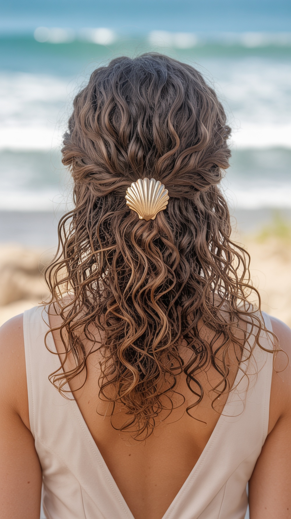 Half-up hairstyle with gold shell hairpiece for curly hair at a beach wedding