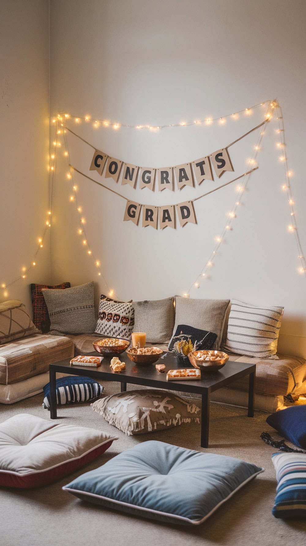 Cozy living room setup for a graduation party with cushions, snacks, and a 'Congrats Grad' banner.