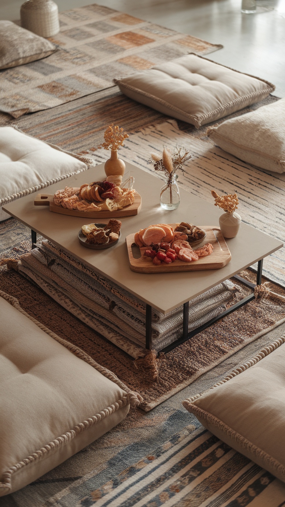 A cozy boho living room picnic setup with cushions, snacks on a low table, and decorative flowers.